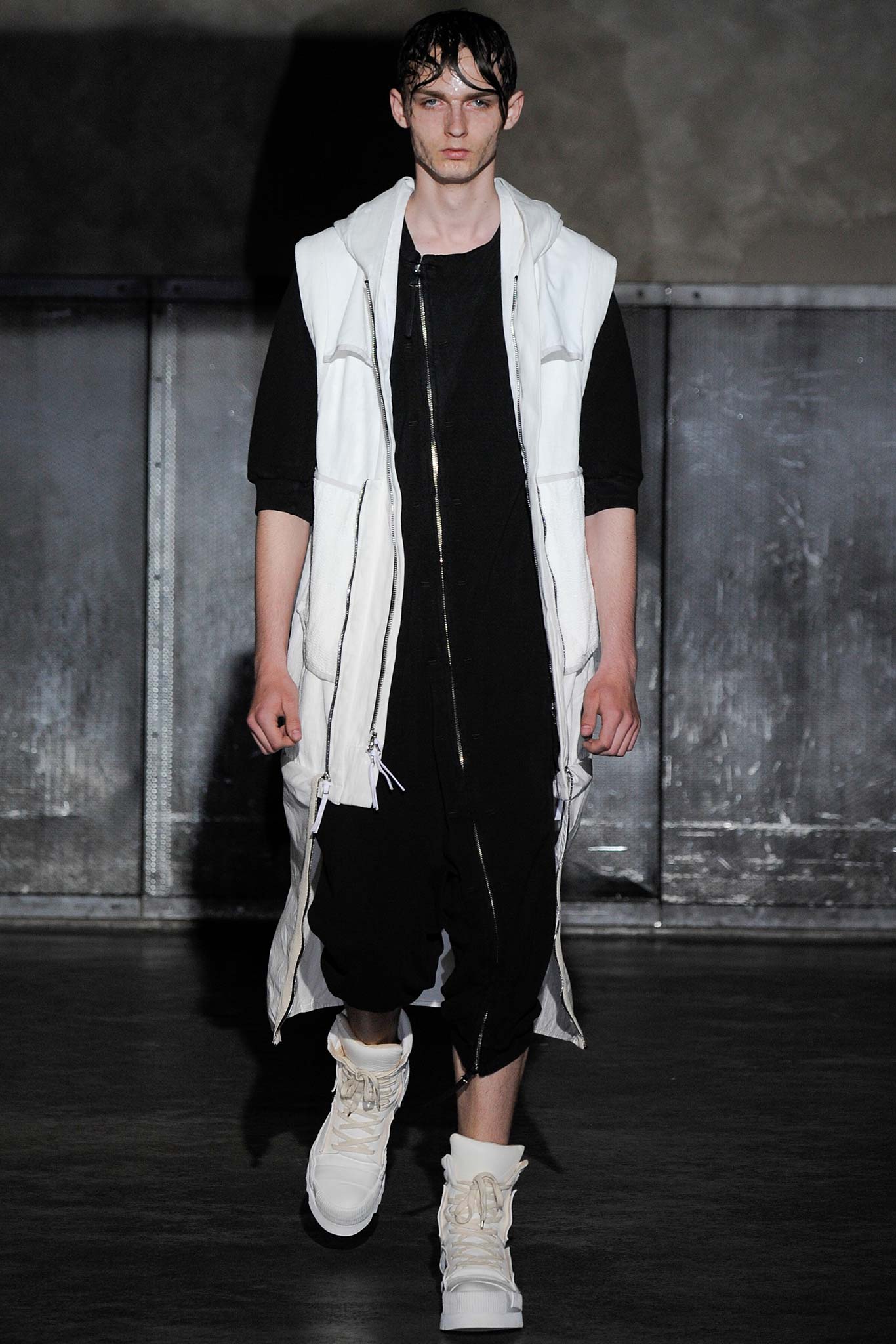 white hooded sleeveless long vest