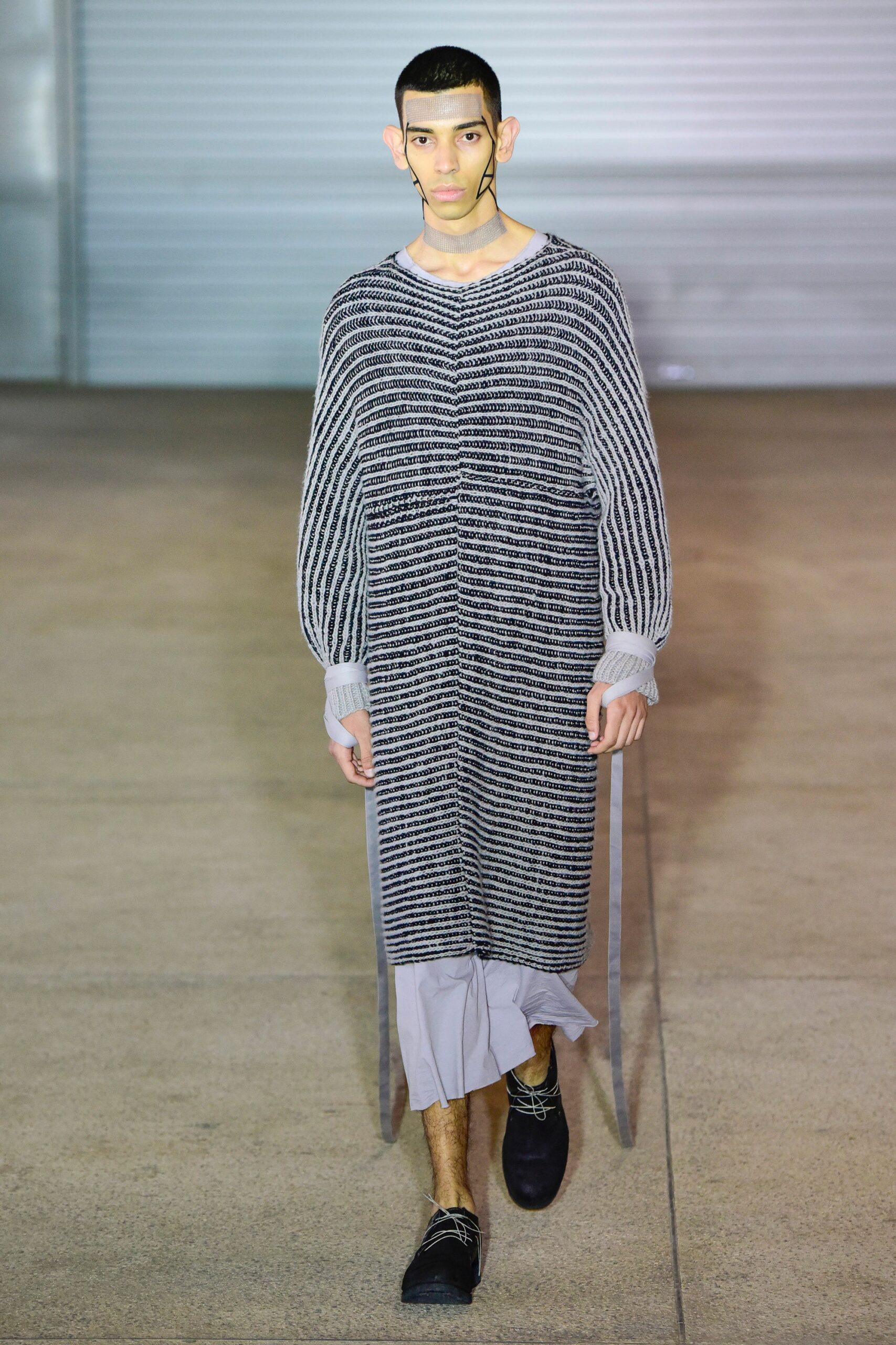 gray knit long-sleeve boat-neck oversized striped ribbed dress
