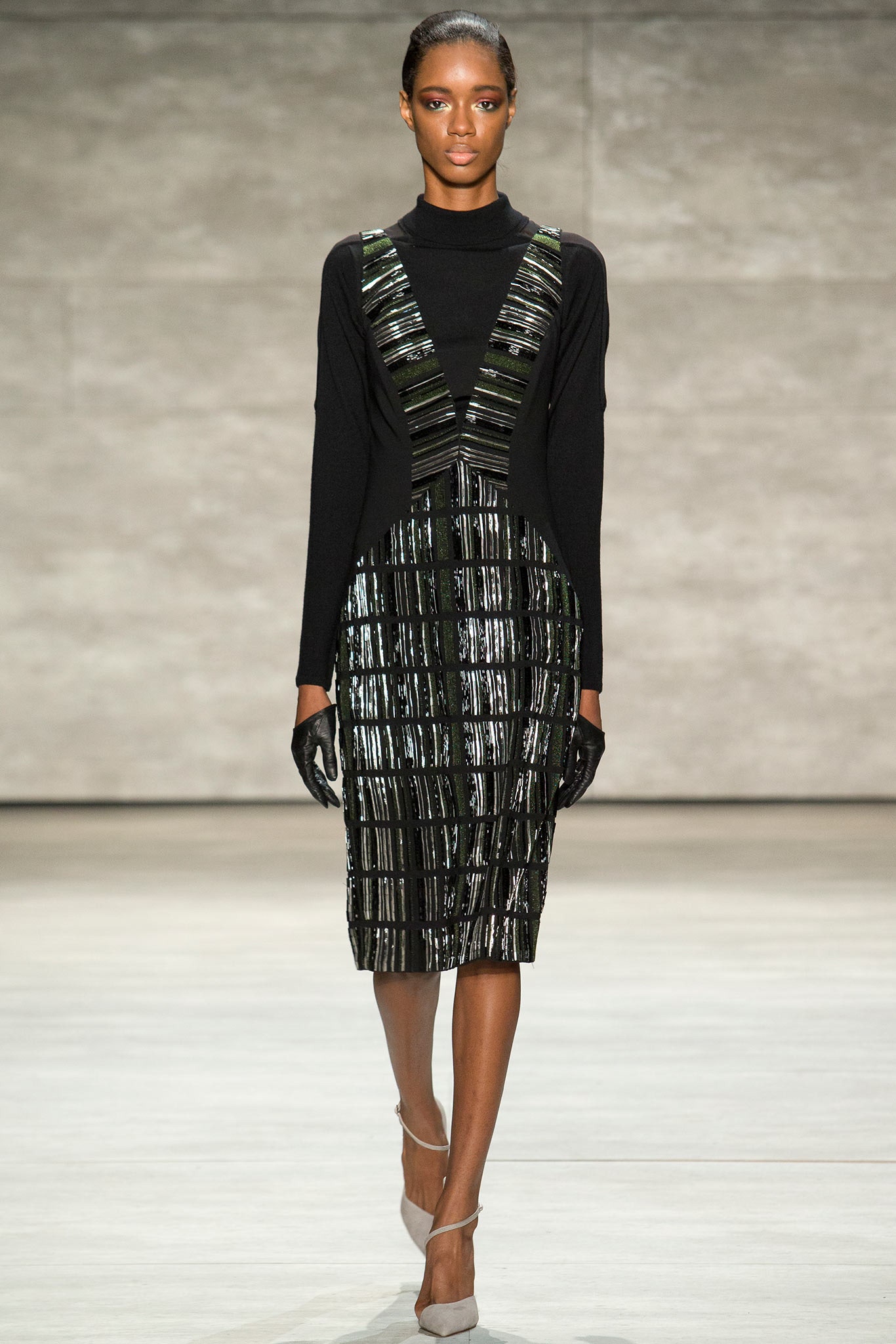 black sequin long-sleeve high-neck fitted striped panelled midi-dress