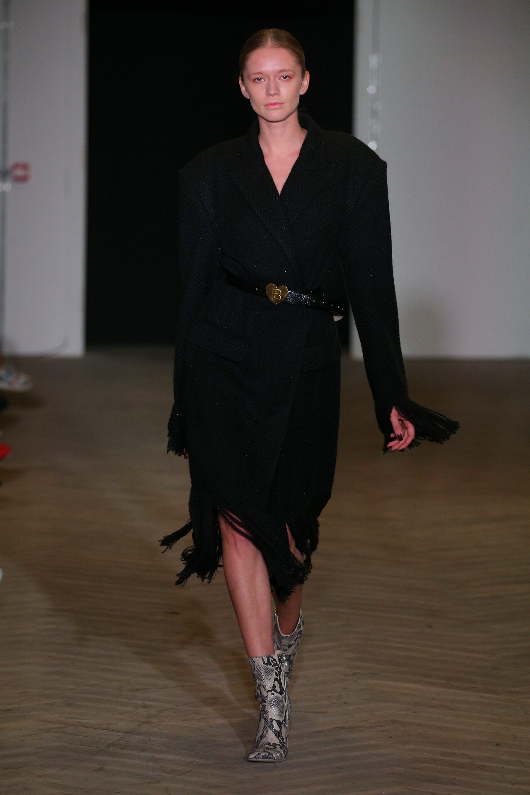 black fringed belted knit midi-dress