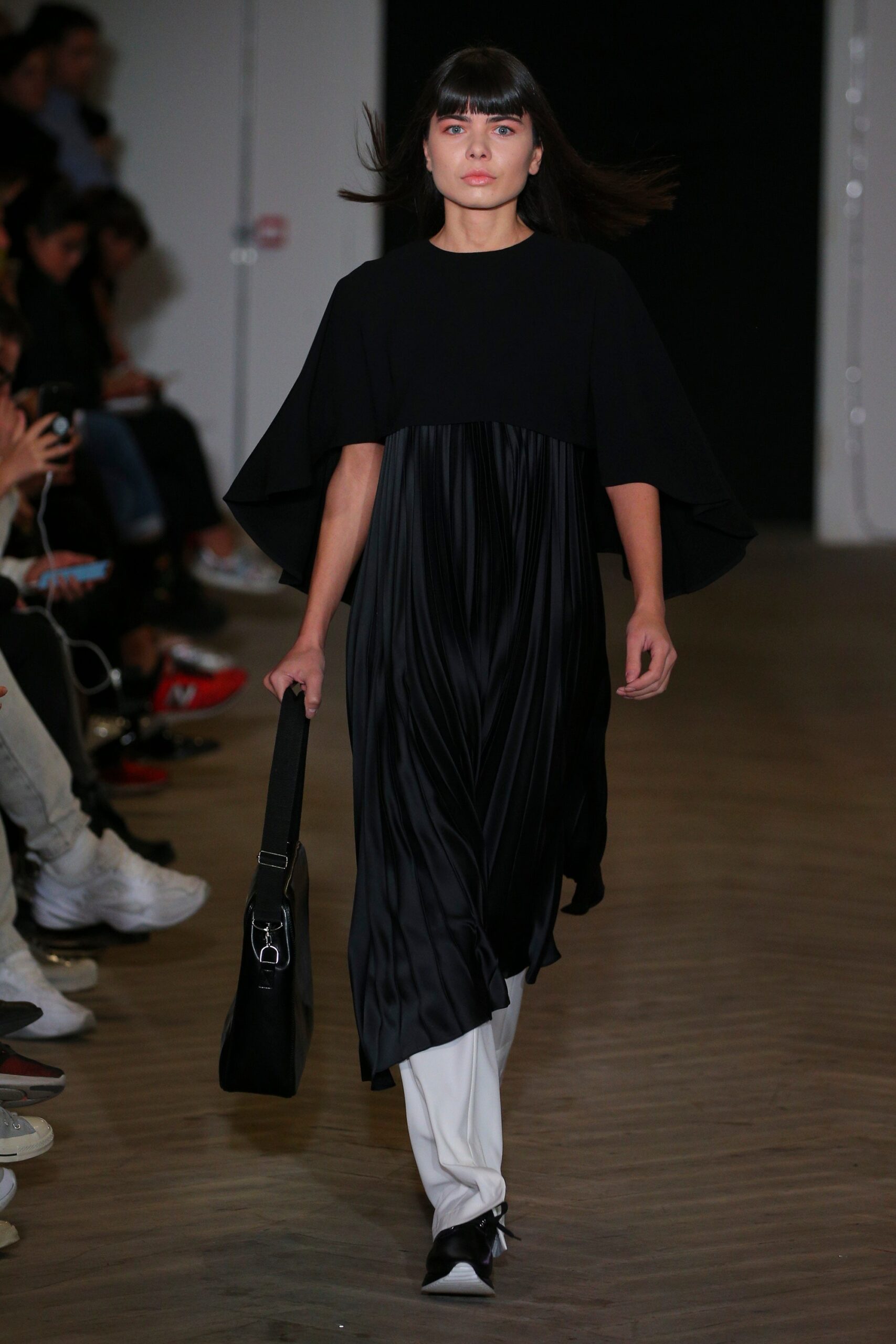 black pleated asymmetric satin dress