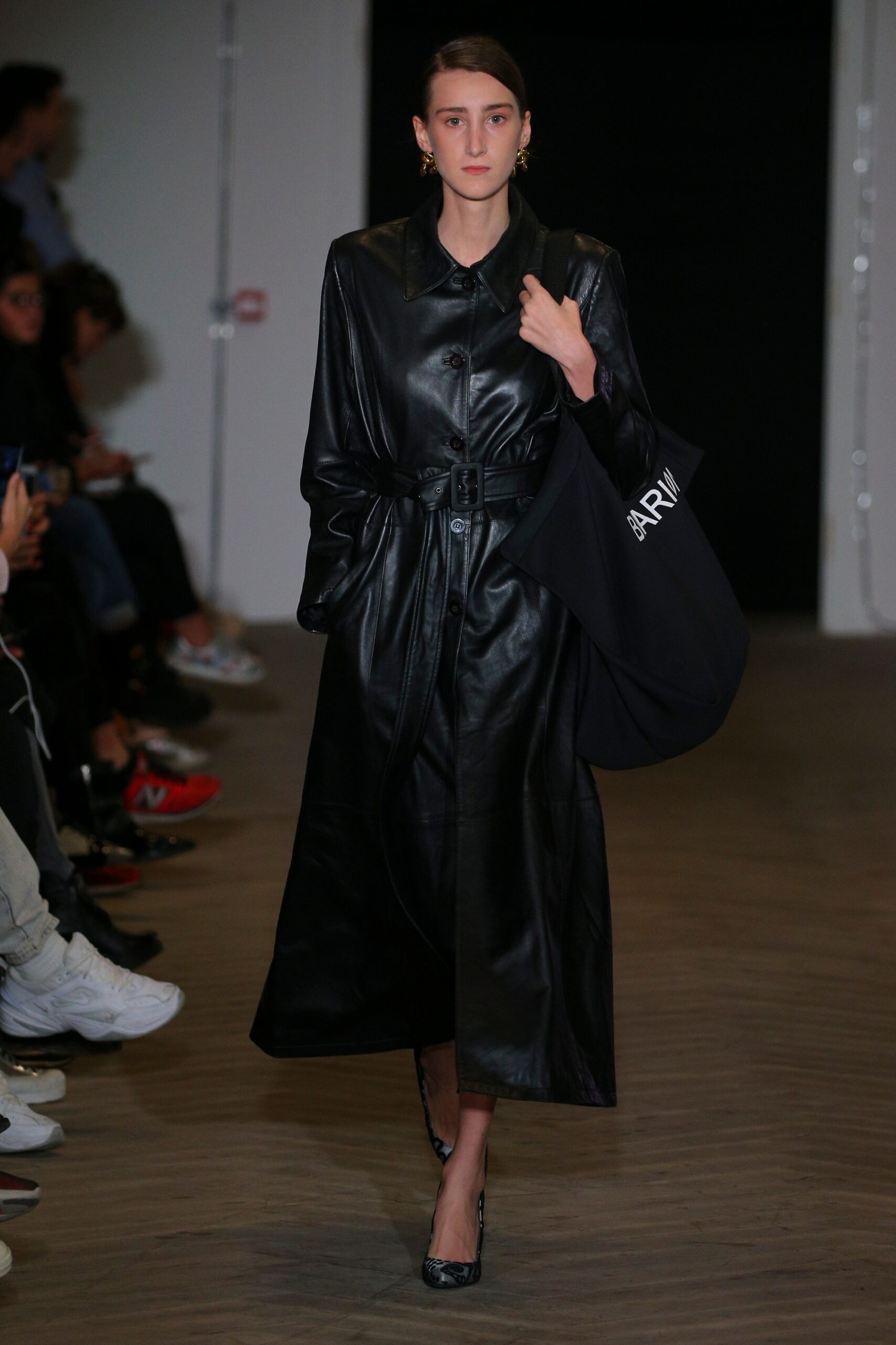 black leather belted maxi coat