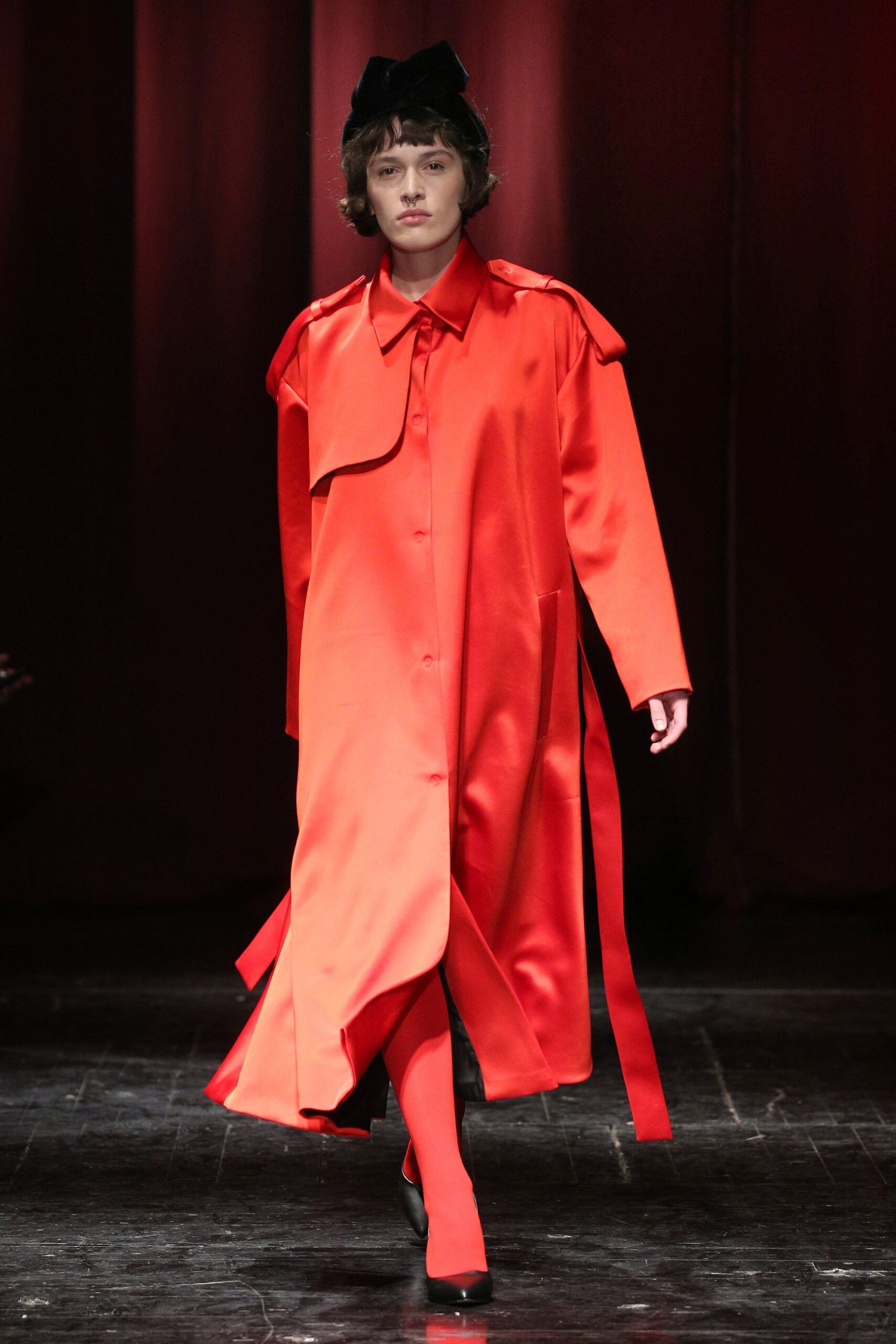 red satin oversized maxi coat