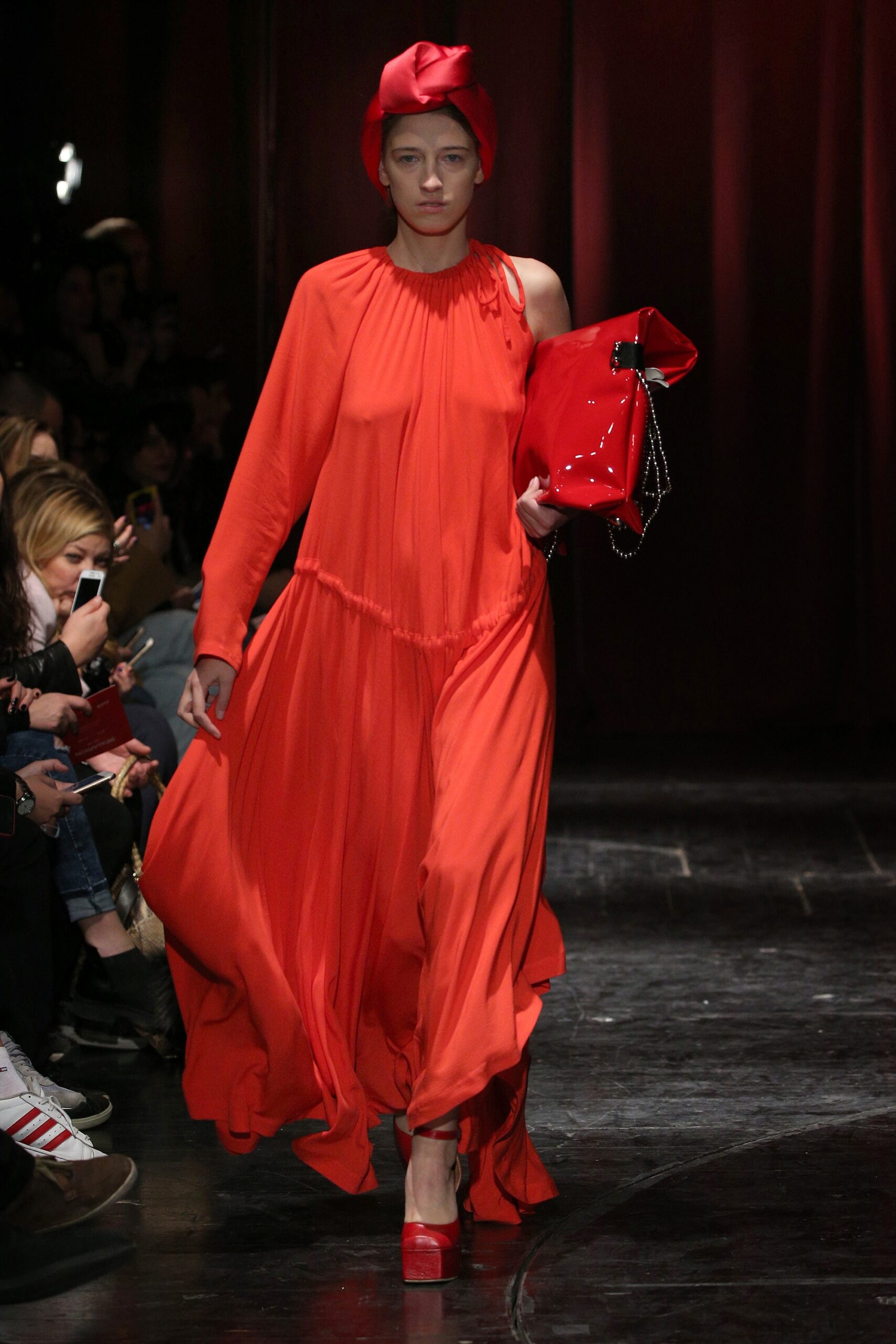 orange pleated asymmetric chiffon gown