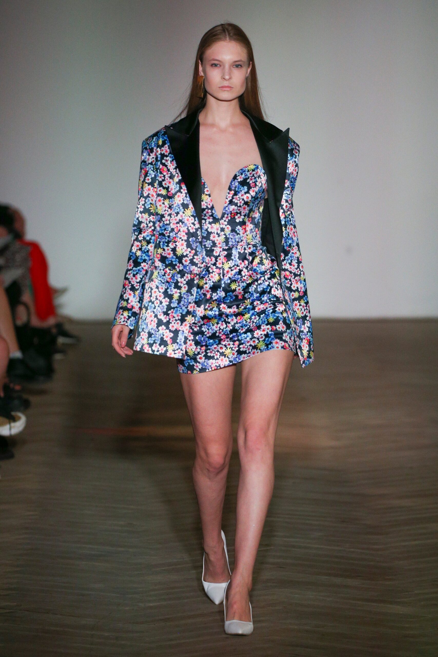 floral satin strapless mini dress