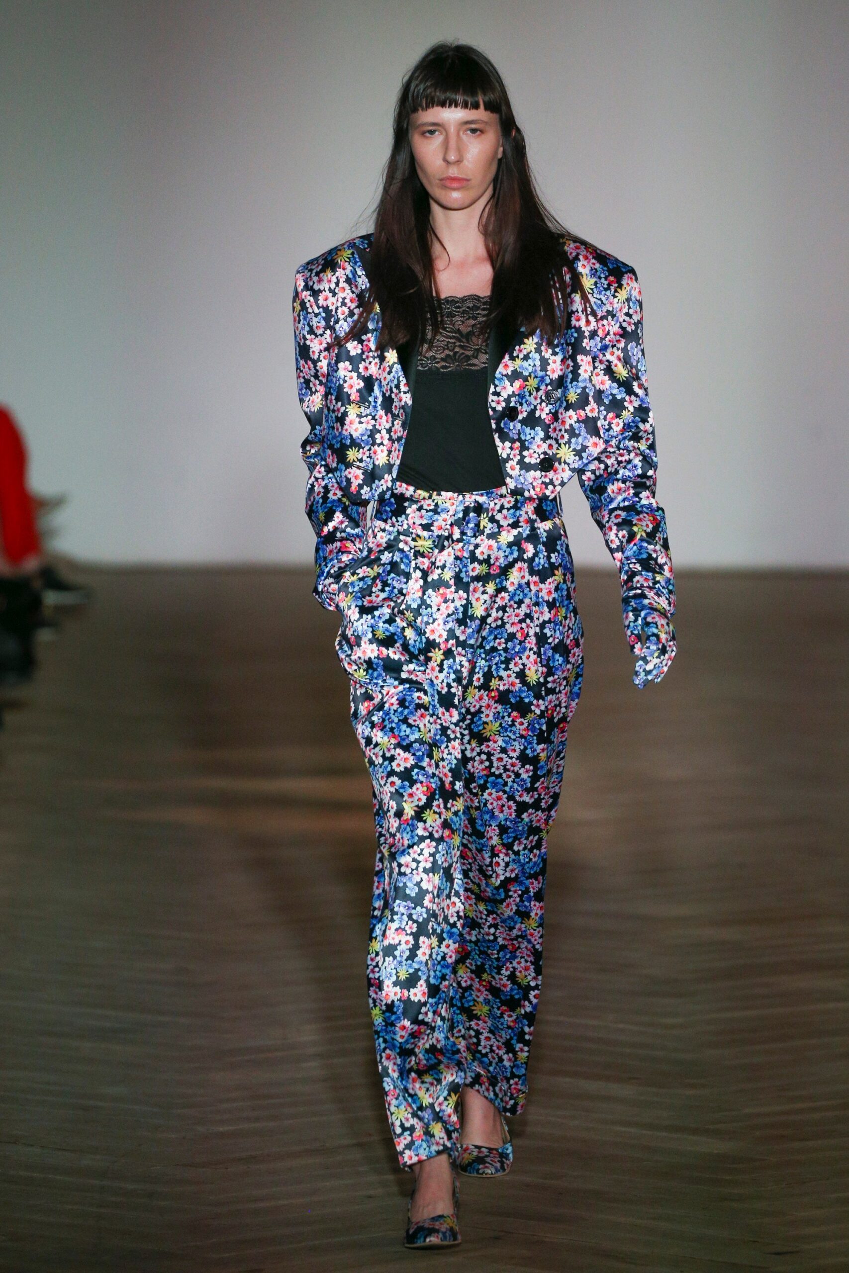 floral satin double-breasted blazer