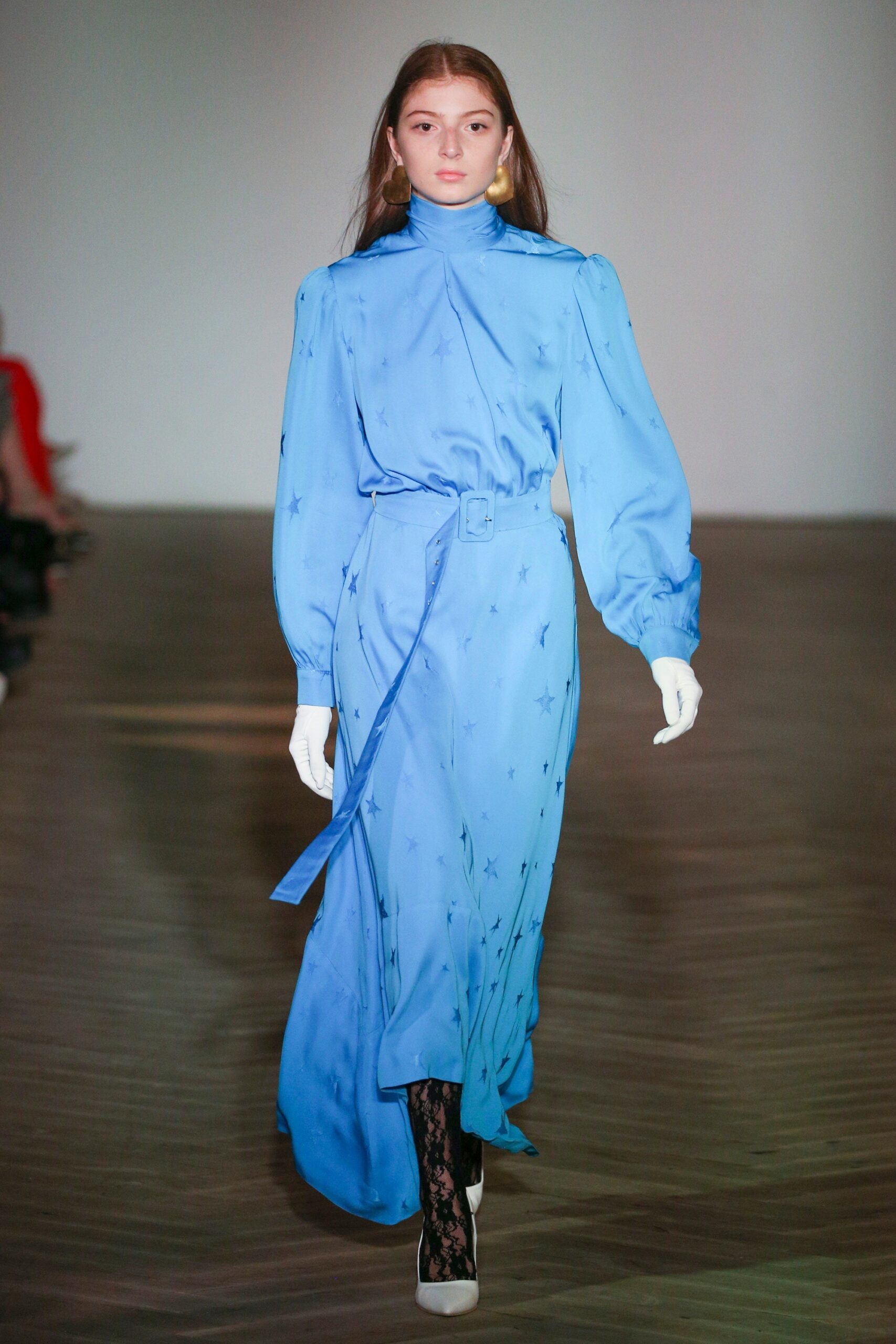 blue satin belted turtleneck gown