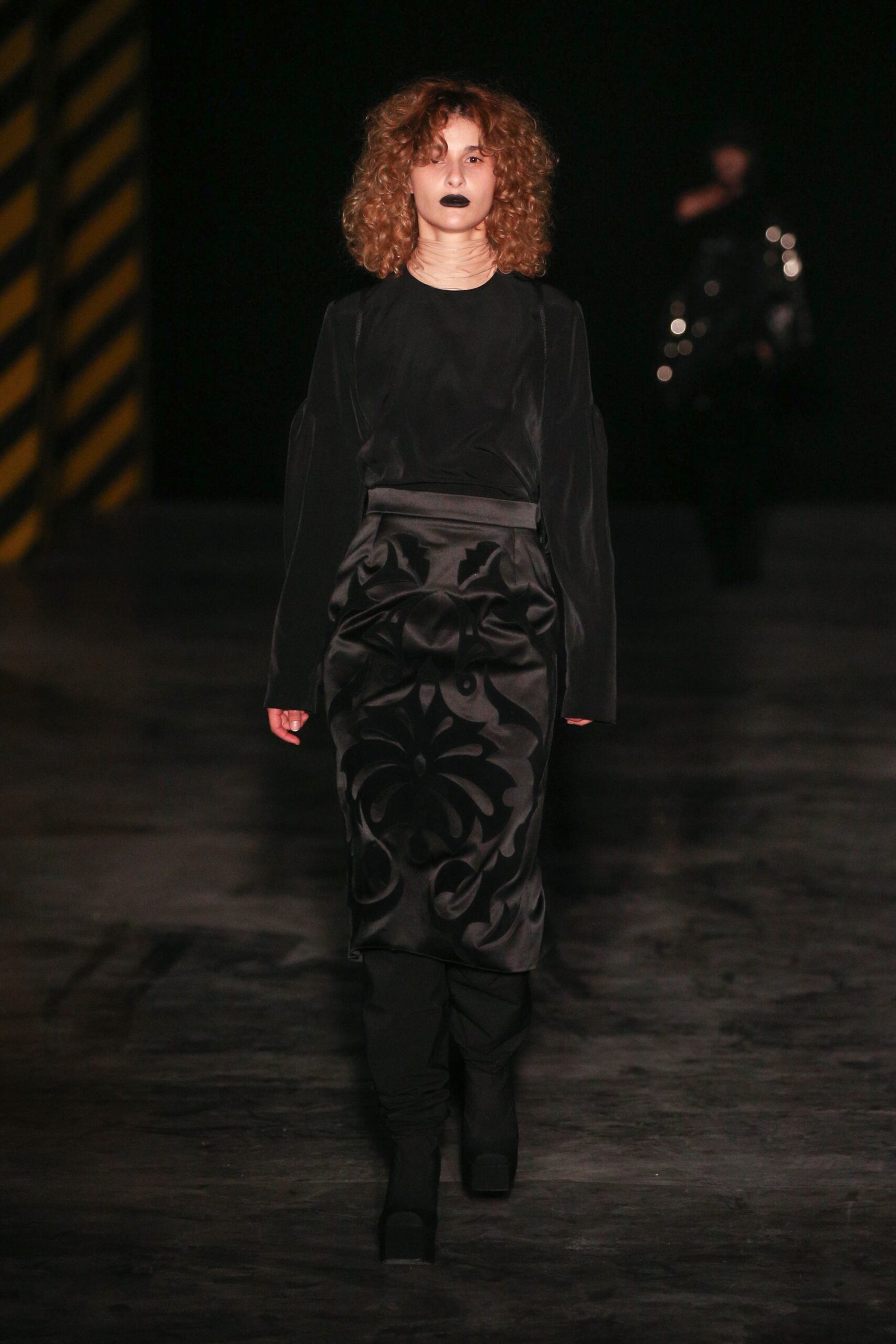 black satin embroidered shiny textured midi skirt
