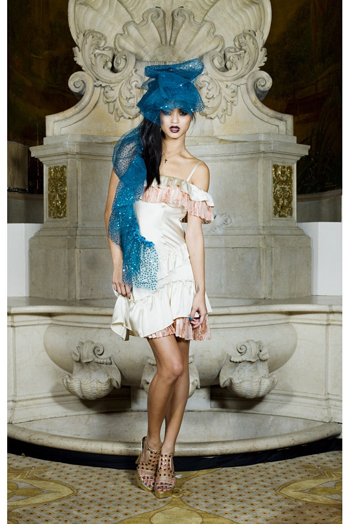 ivory ruffled satin mini-dress