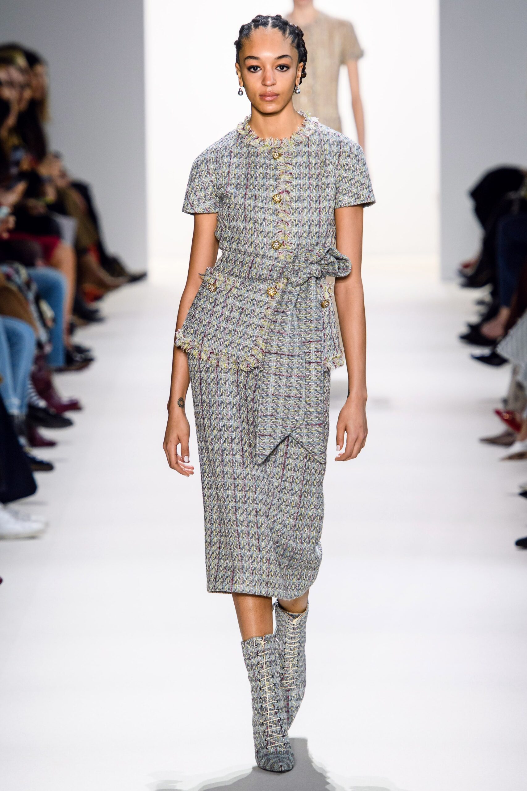 multi tweed short-sleeve high-neck fitted buttoned ruched midi-dress