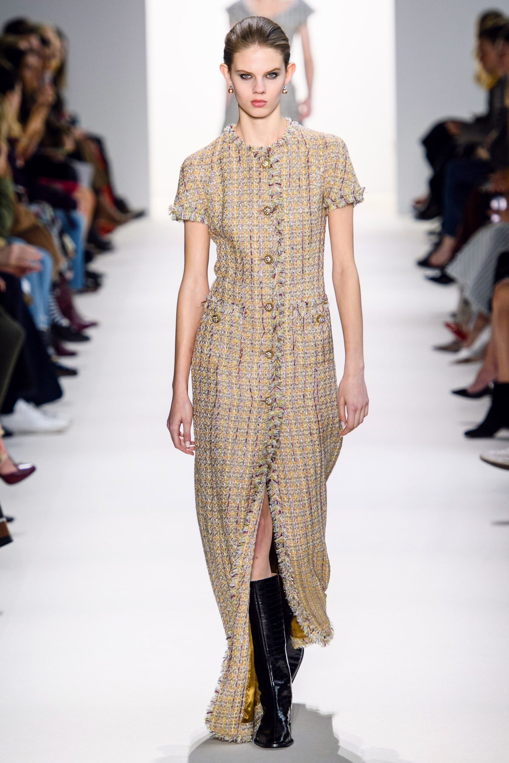 multi tweed short-sleeve high-neck fitted fringed buttoned maxi-dress