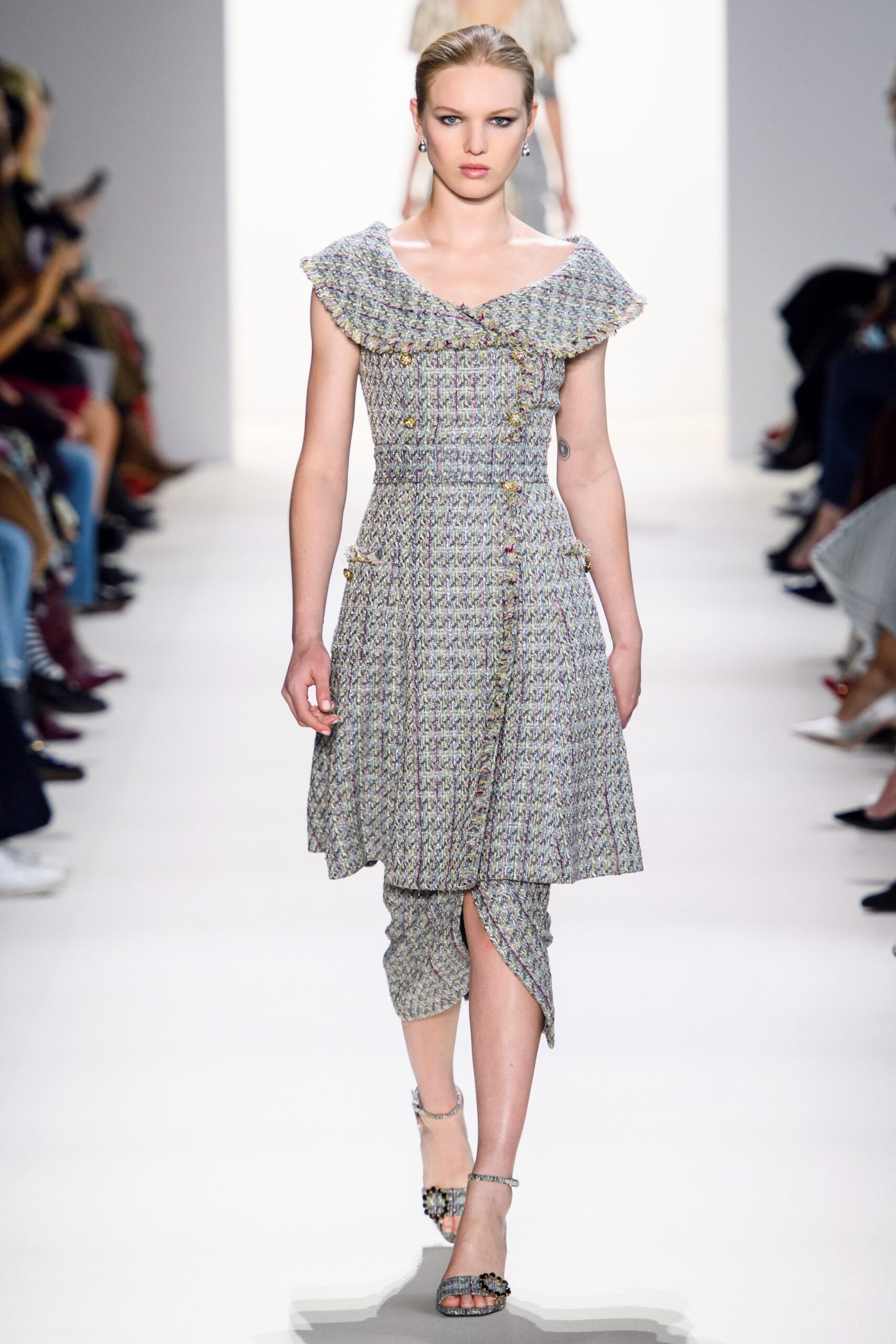 multicolor tweed asymmetric midi dress
