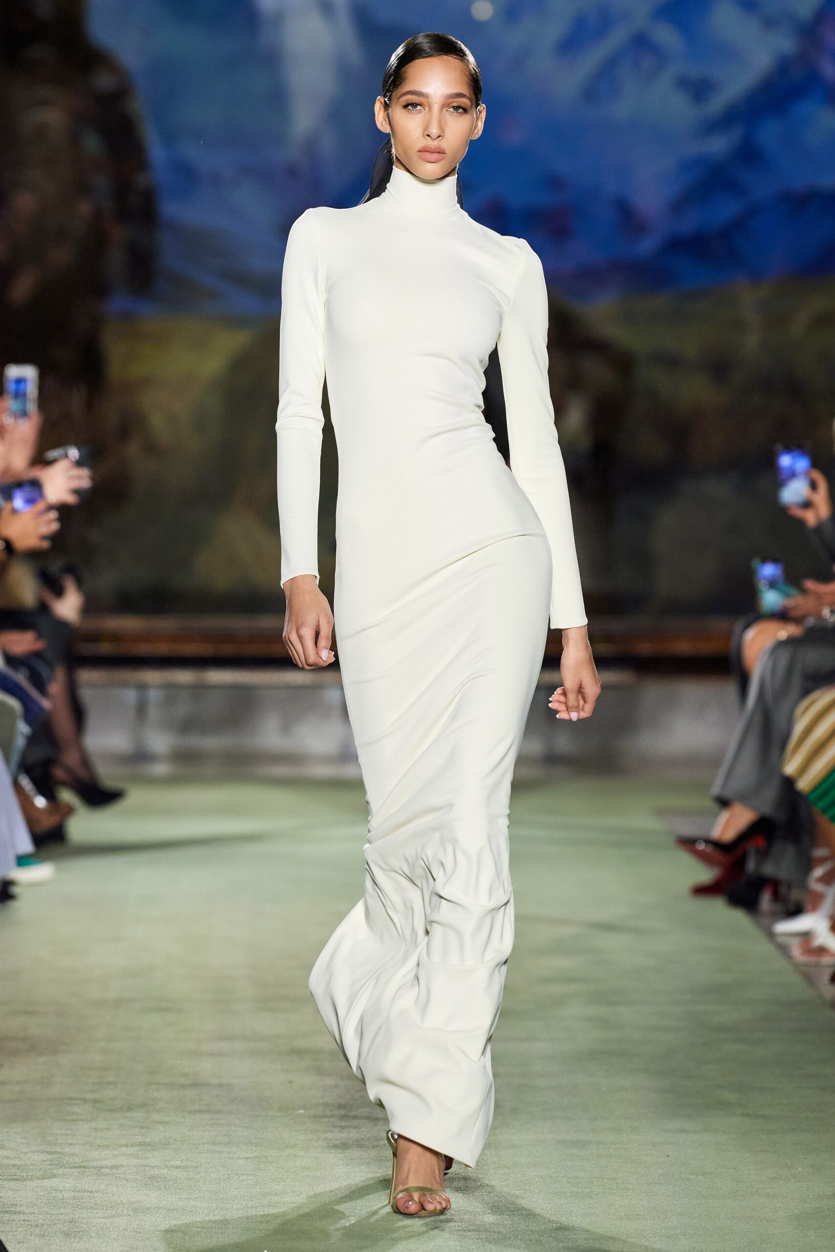 ivory jersey long-sleeve turtleneck fitted ruched maxi gown