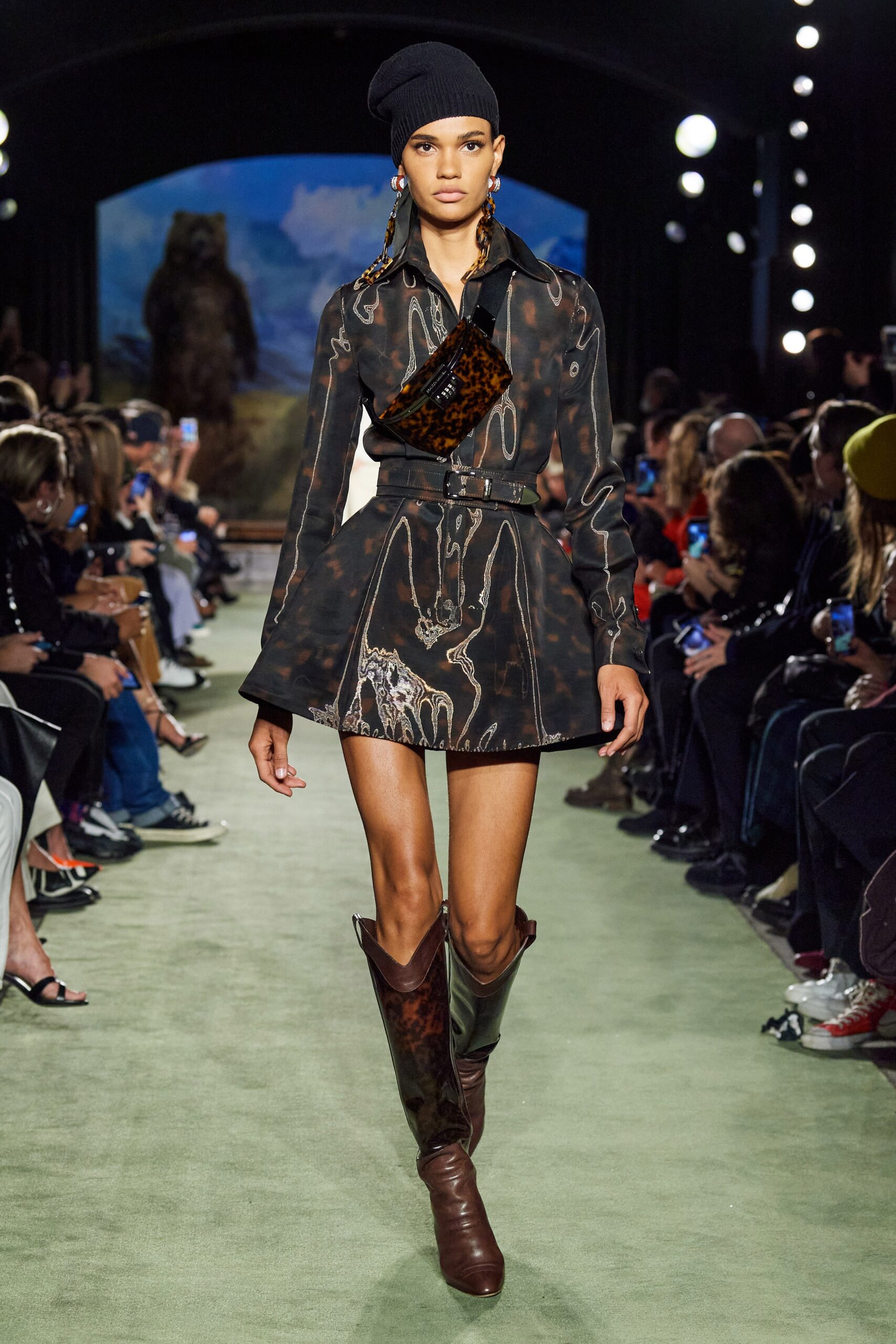 black unknown long-sleeve collared structured printed belted mini-dress