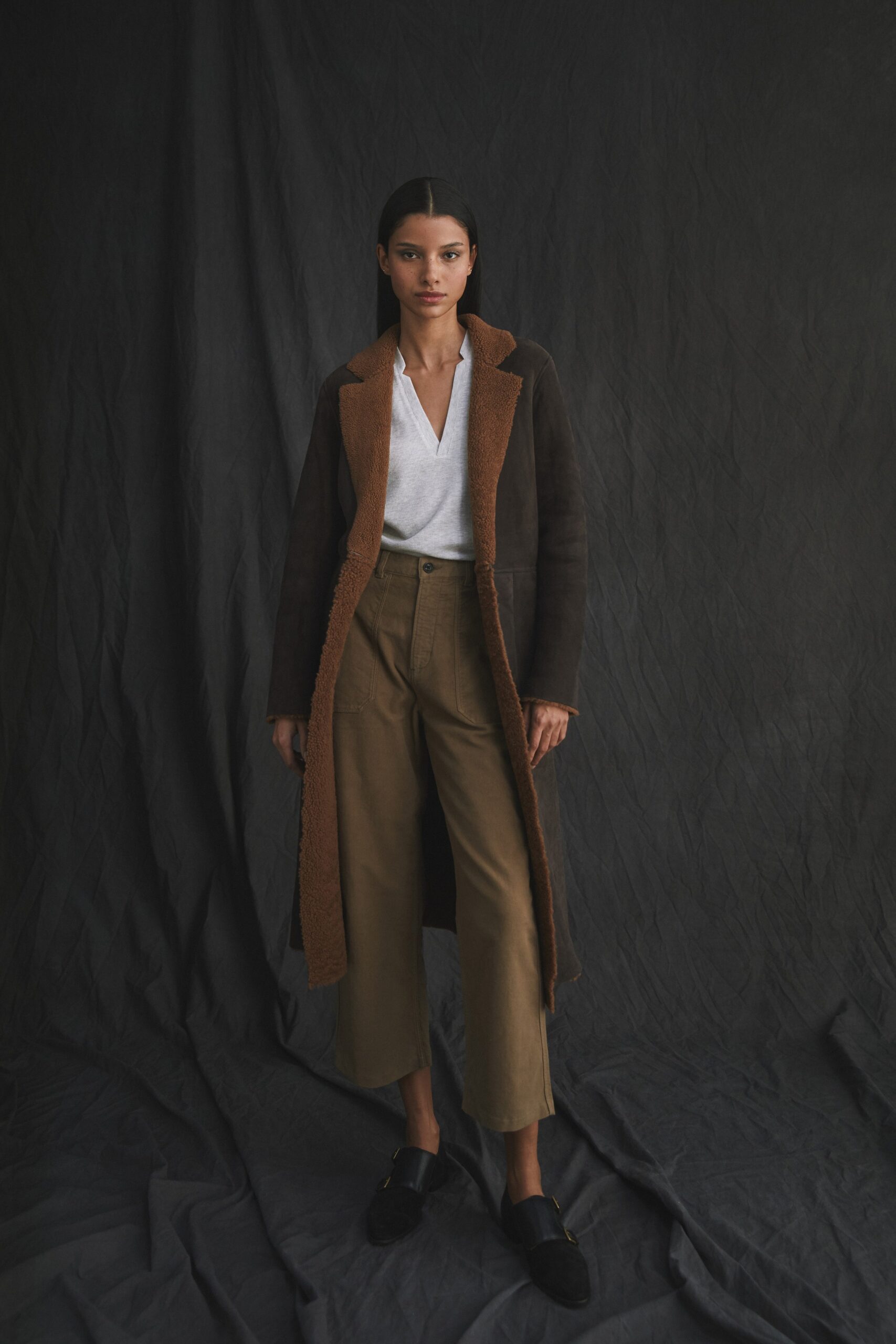 brown shearling-trim suede coat