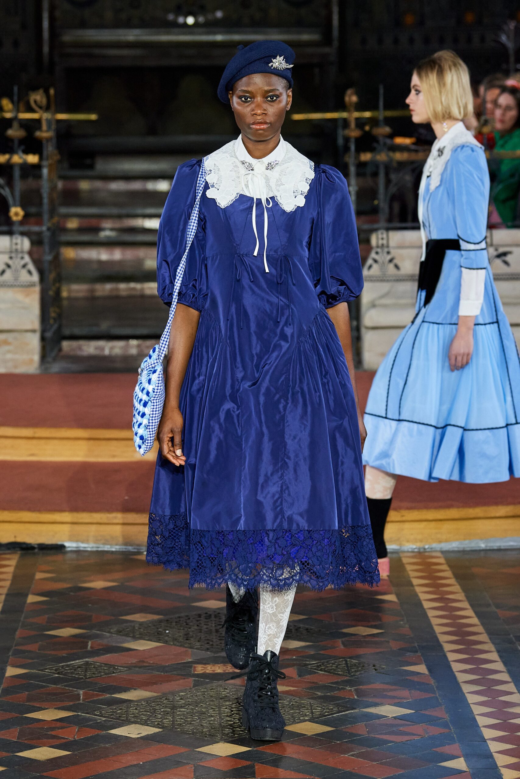 blue satin long-sleeve high-neck ruffled layered midi-dress