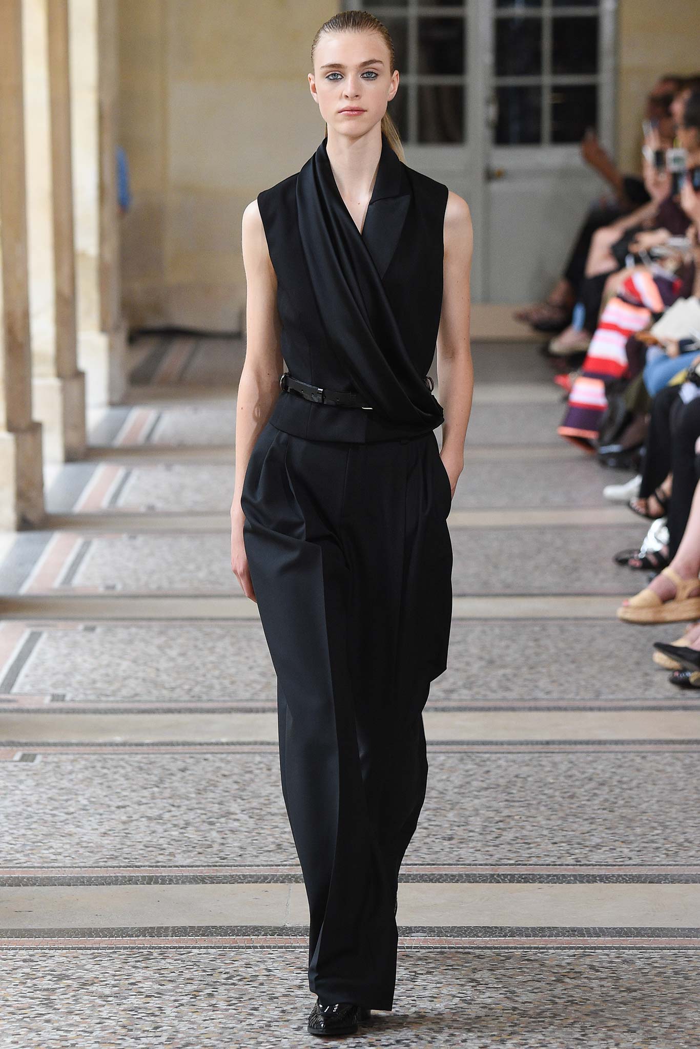 black unknown sleeveless collared tailored draped belted jumpsuit