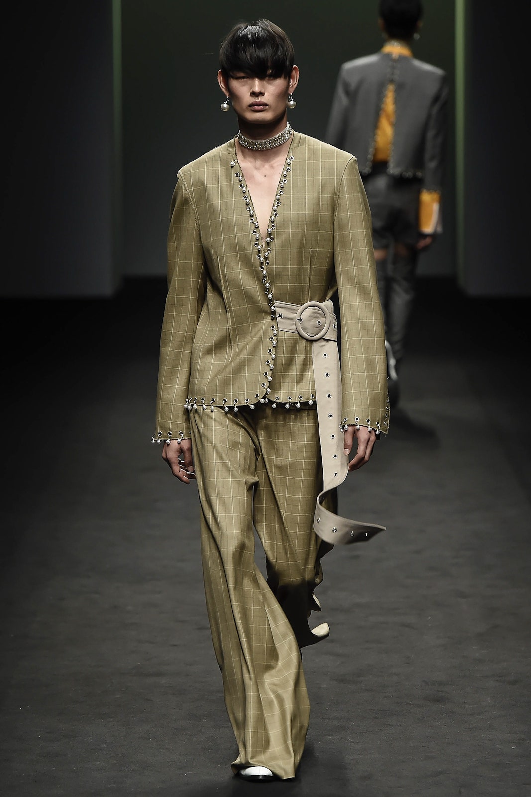 beige unknown long-sleeve v-neck tailored checked embellished jacket