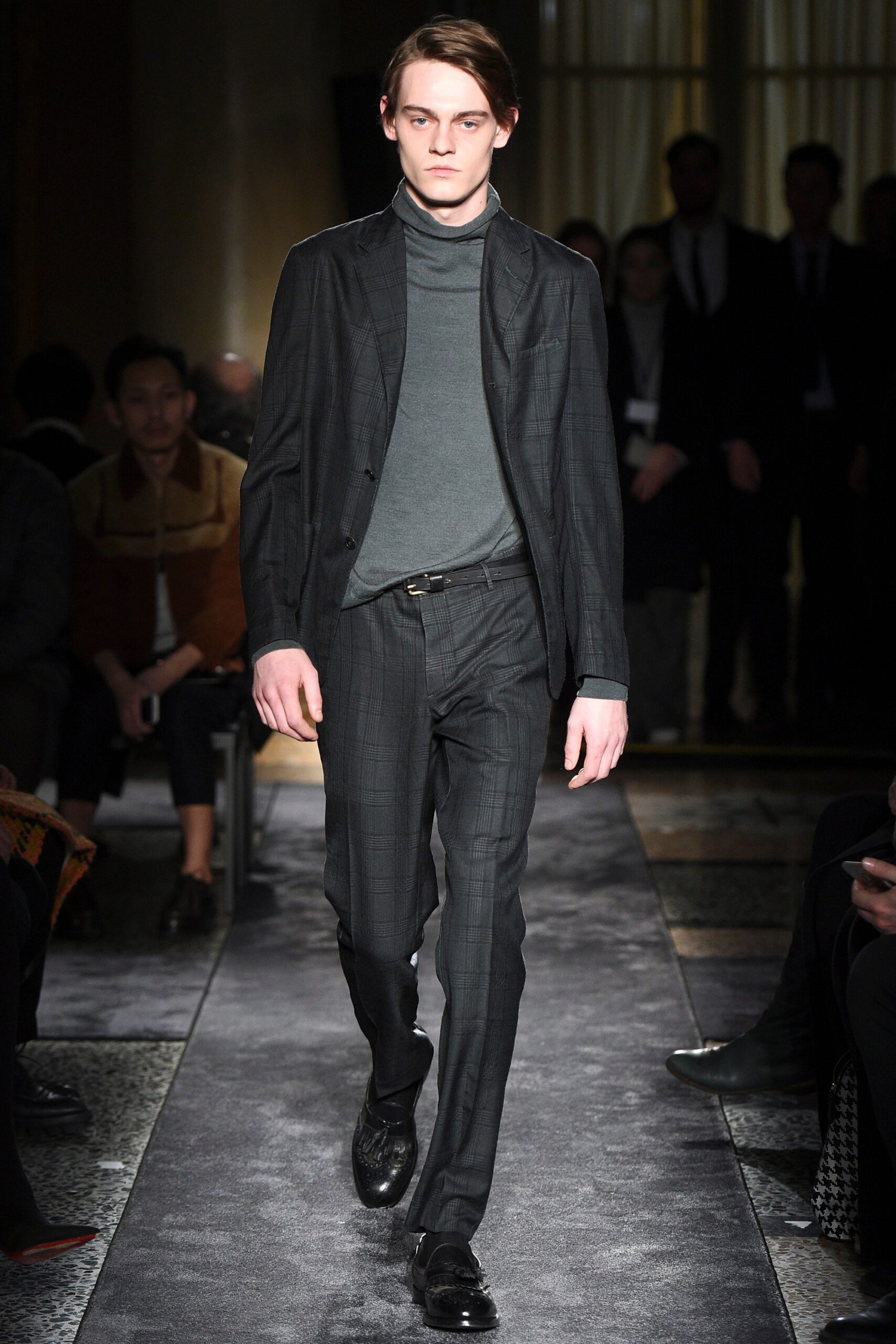 gray wool tailored checked straight-leg pants