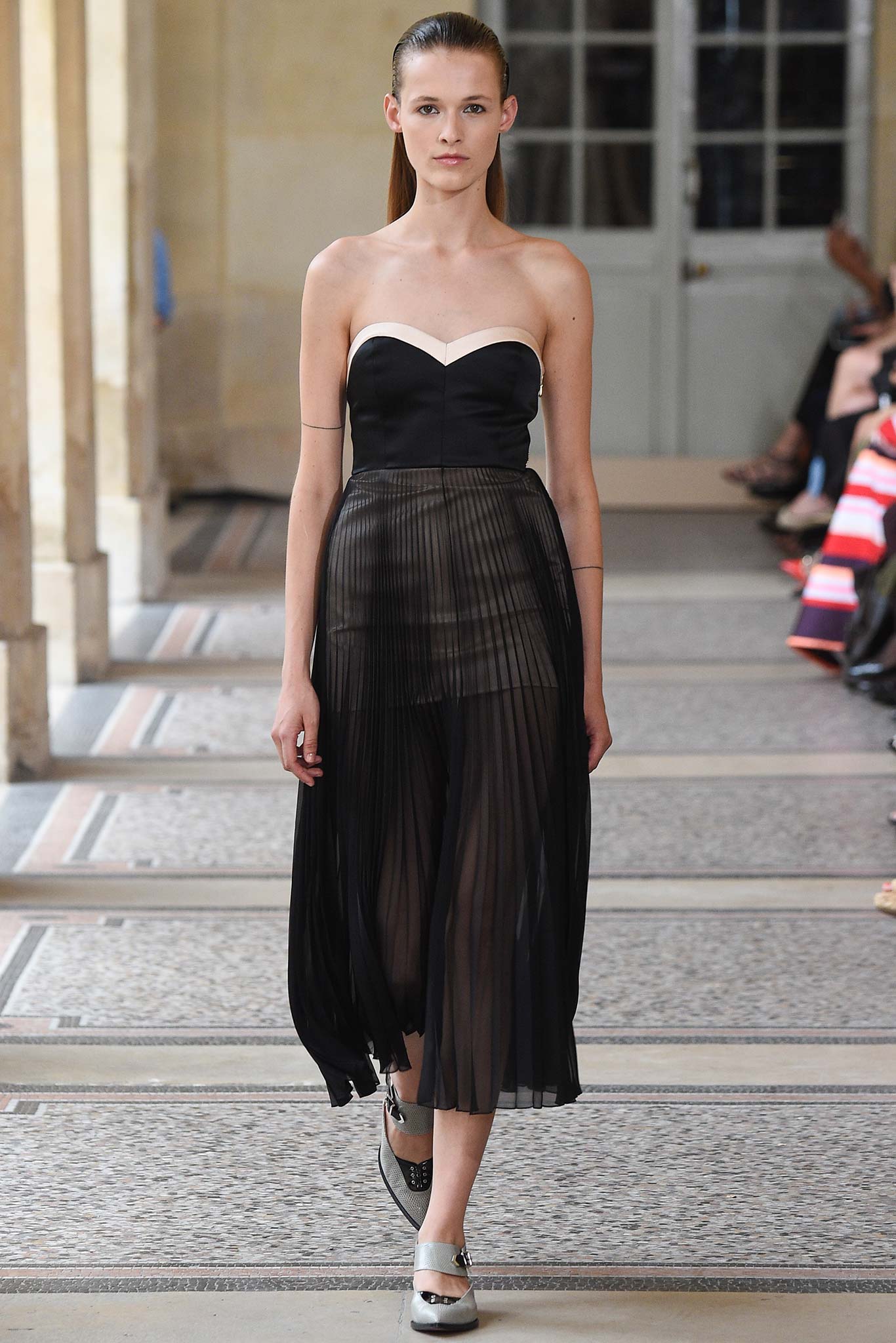 strapless pleated chiffon dress