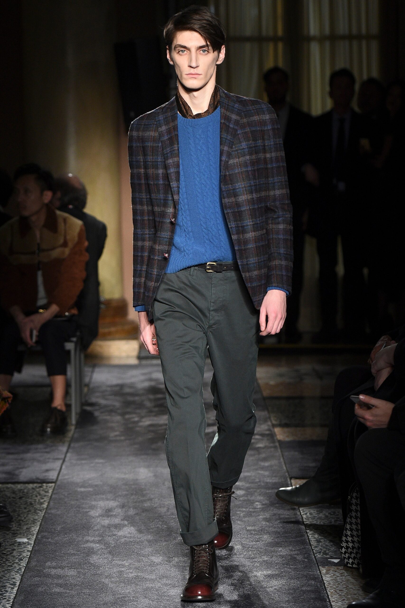 blue knit long-sleeve collared slim ribbed textured sweater