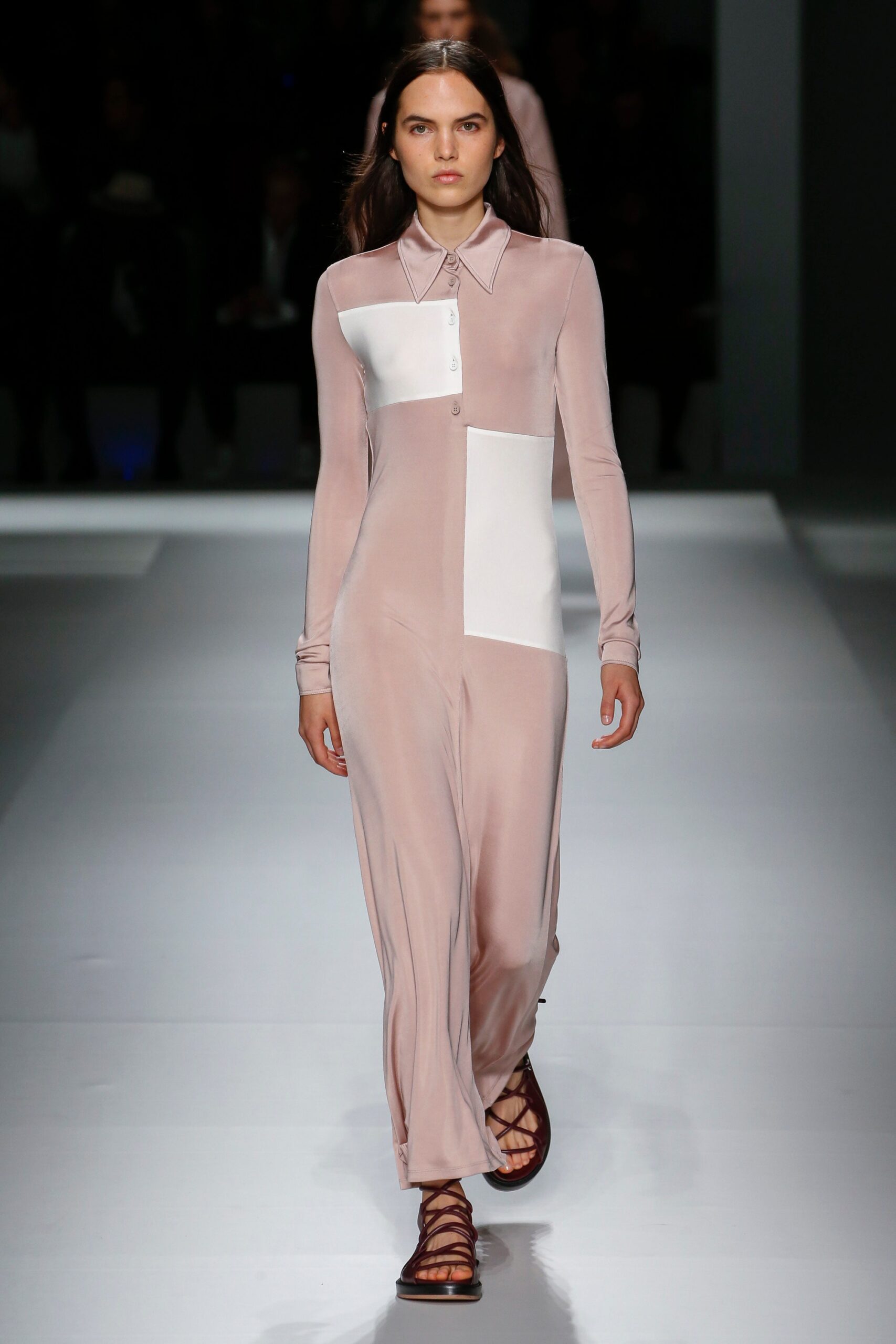 pink jersey long-sleeve collared relaxed buttoned color-blocked jumpsuit