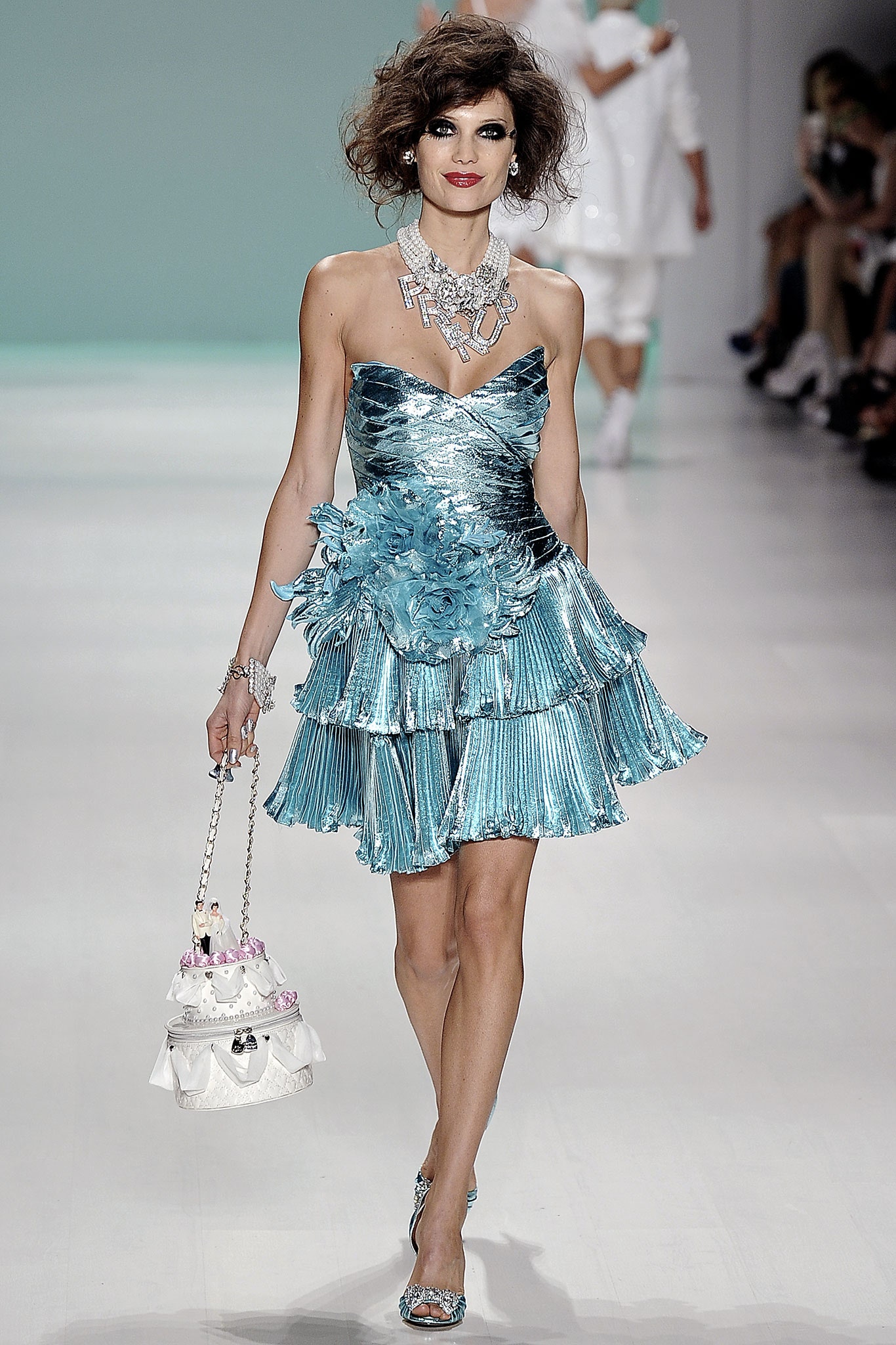 blue metallic strapless mini-dress