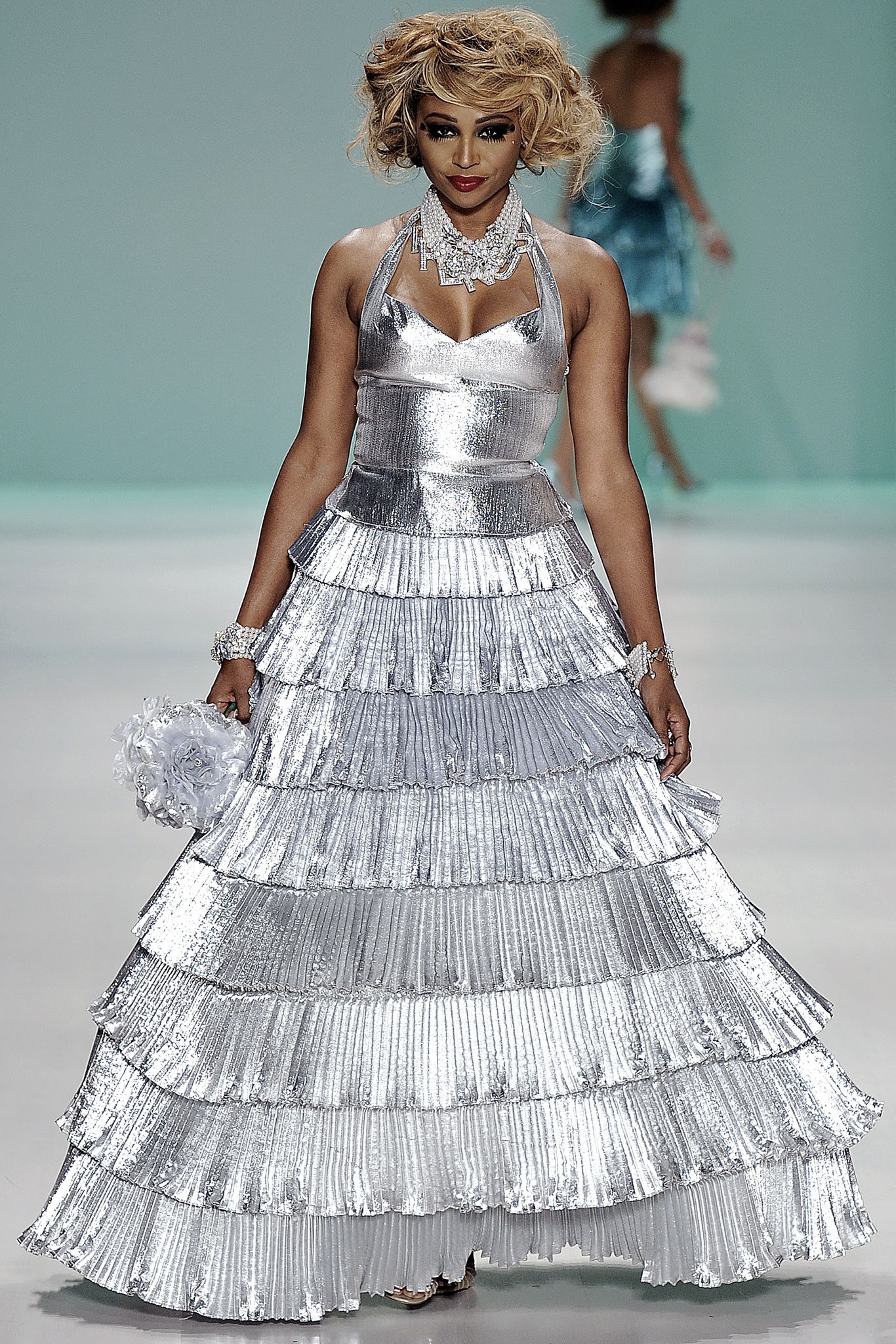 silver metallic tiered halter gown