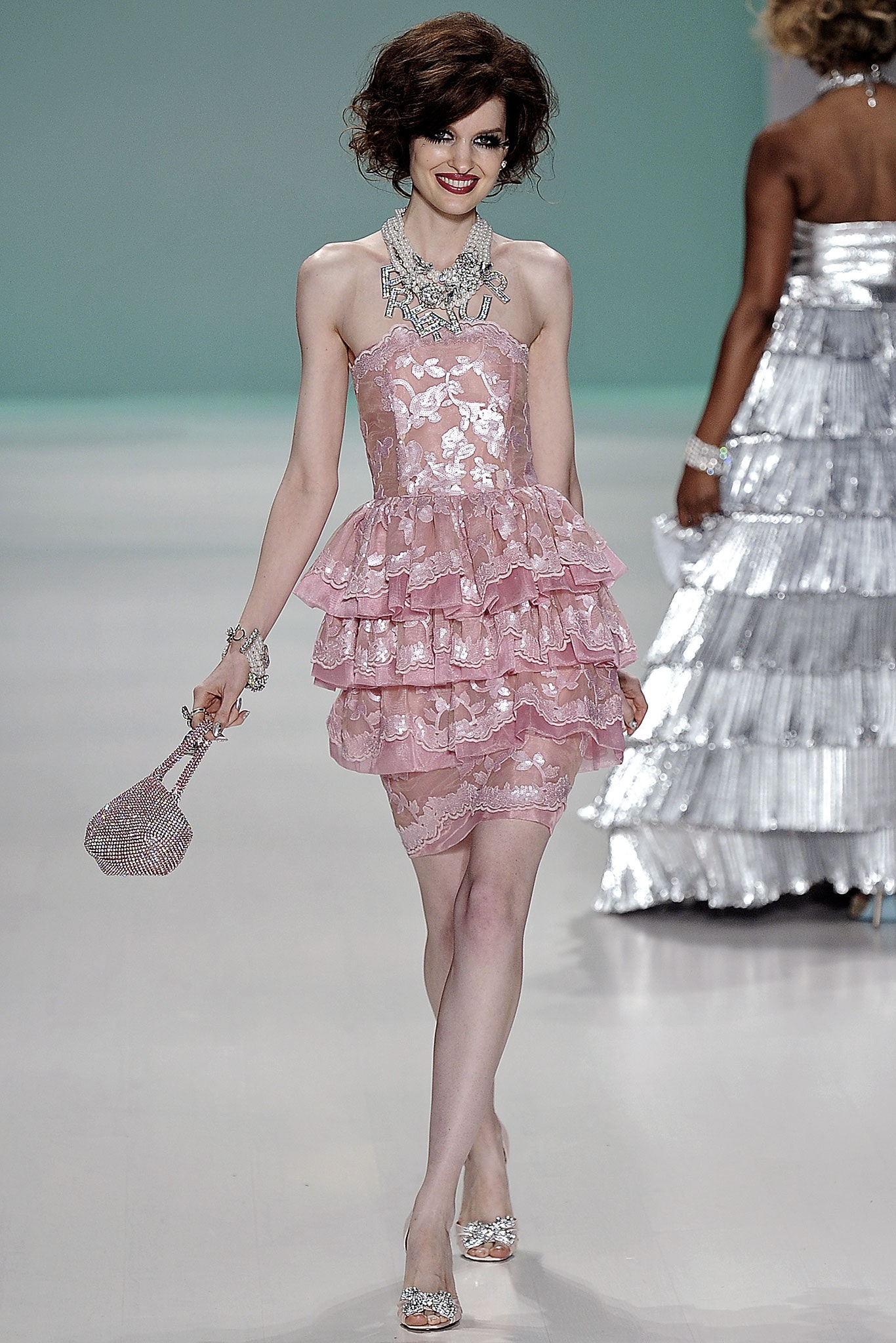 pink strapless tiered lace mini-dress