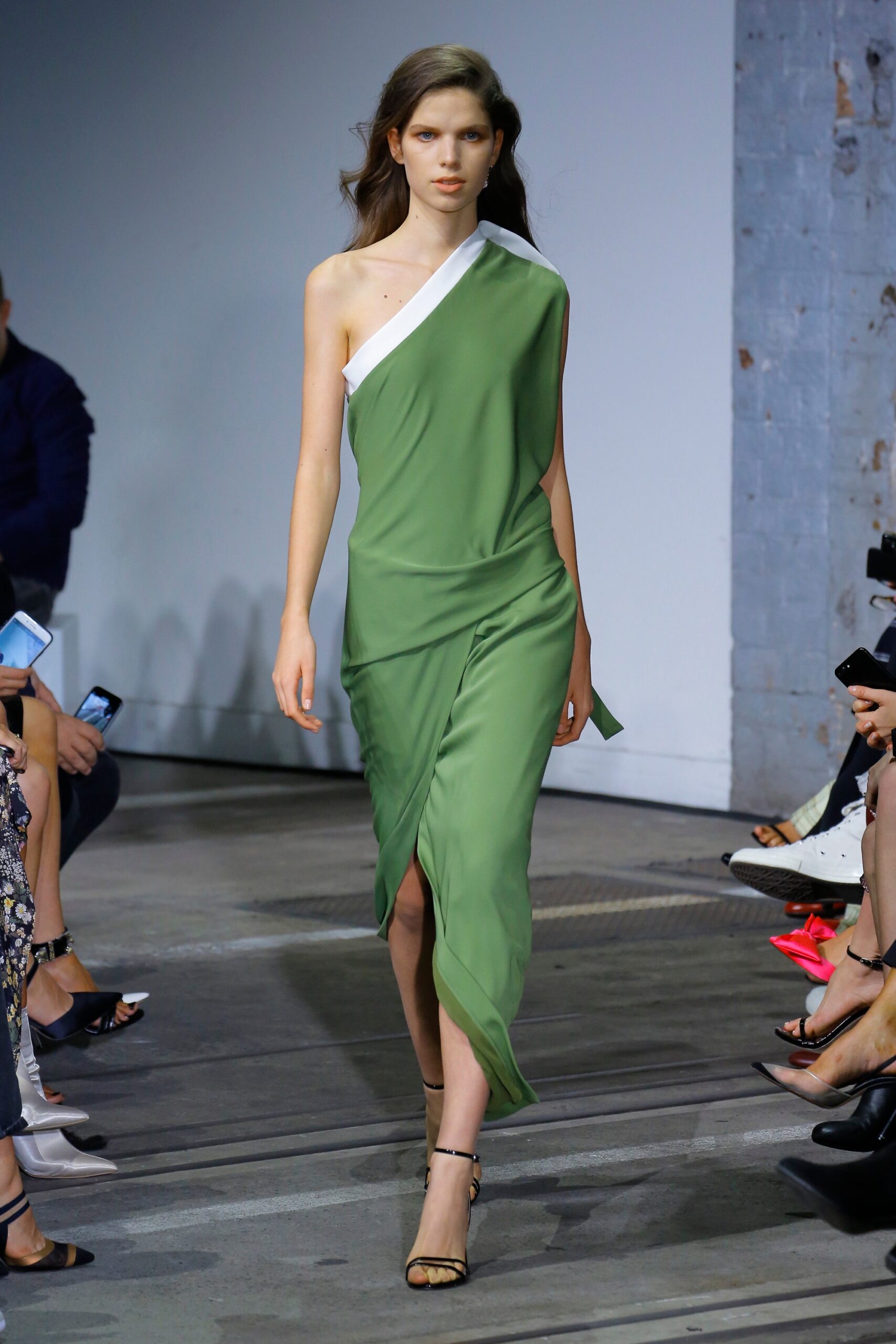 green satin asymmetric off-shoulder draped shiny flowing midi-dress