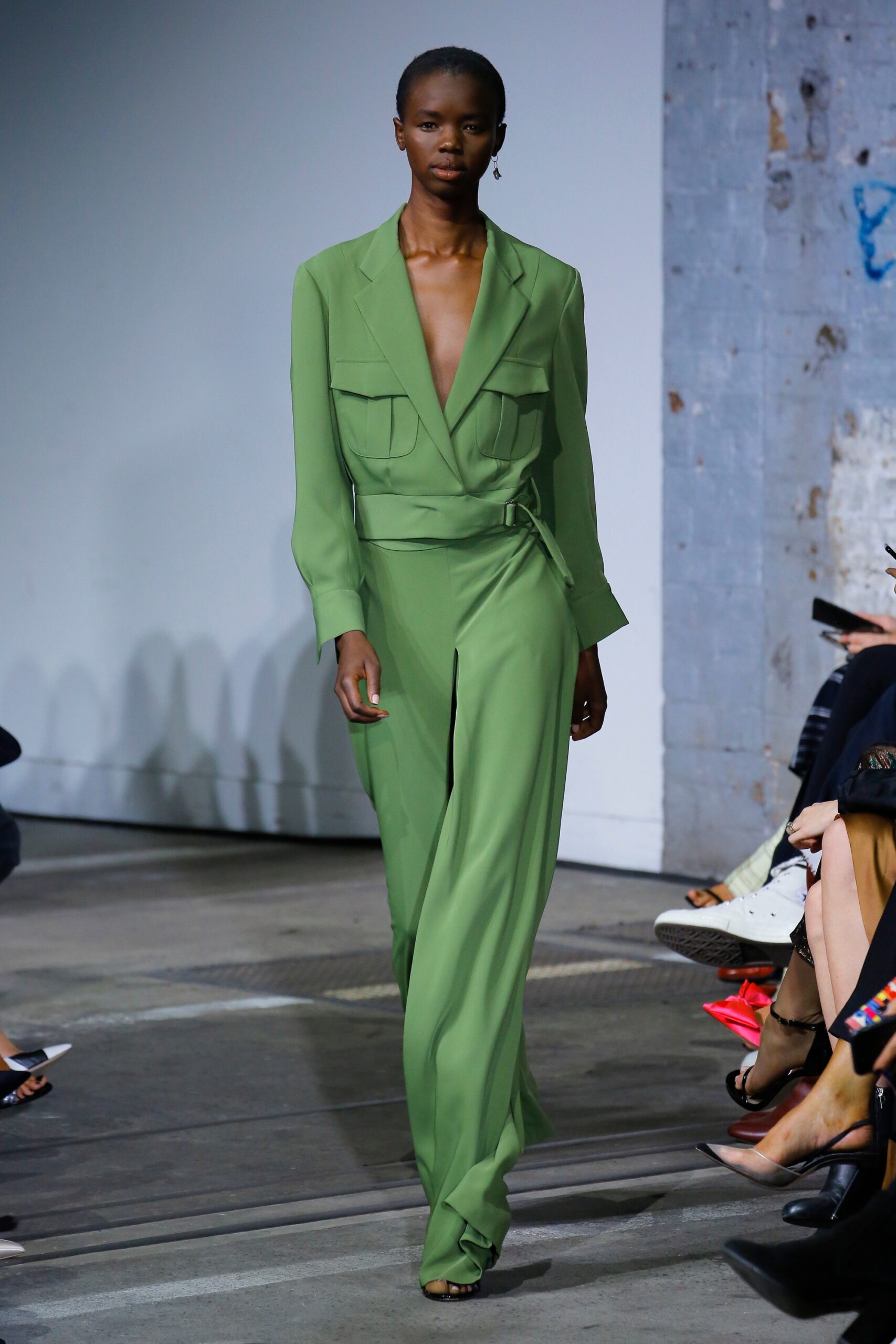 green unknown long-sleeve collared tailored belted pockets jumpsuit