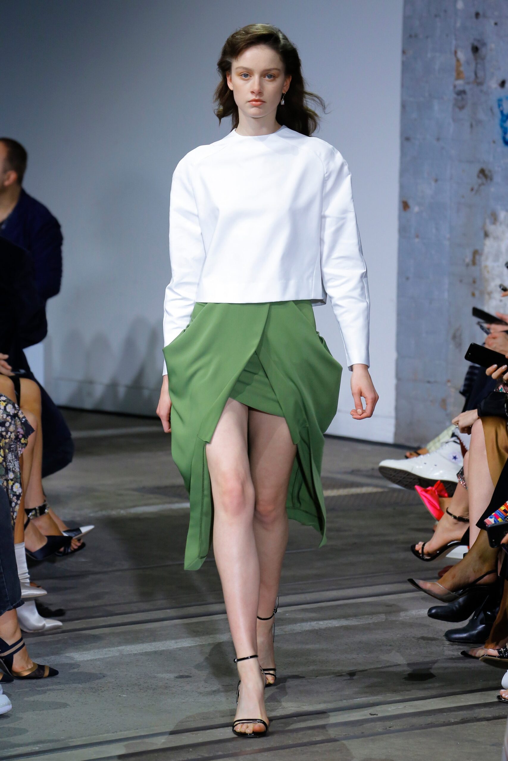 green crepe asymmetric draped flowing midi skirt