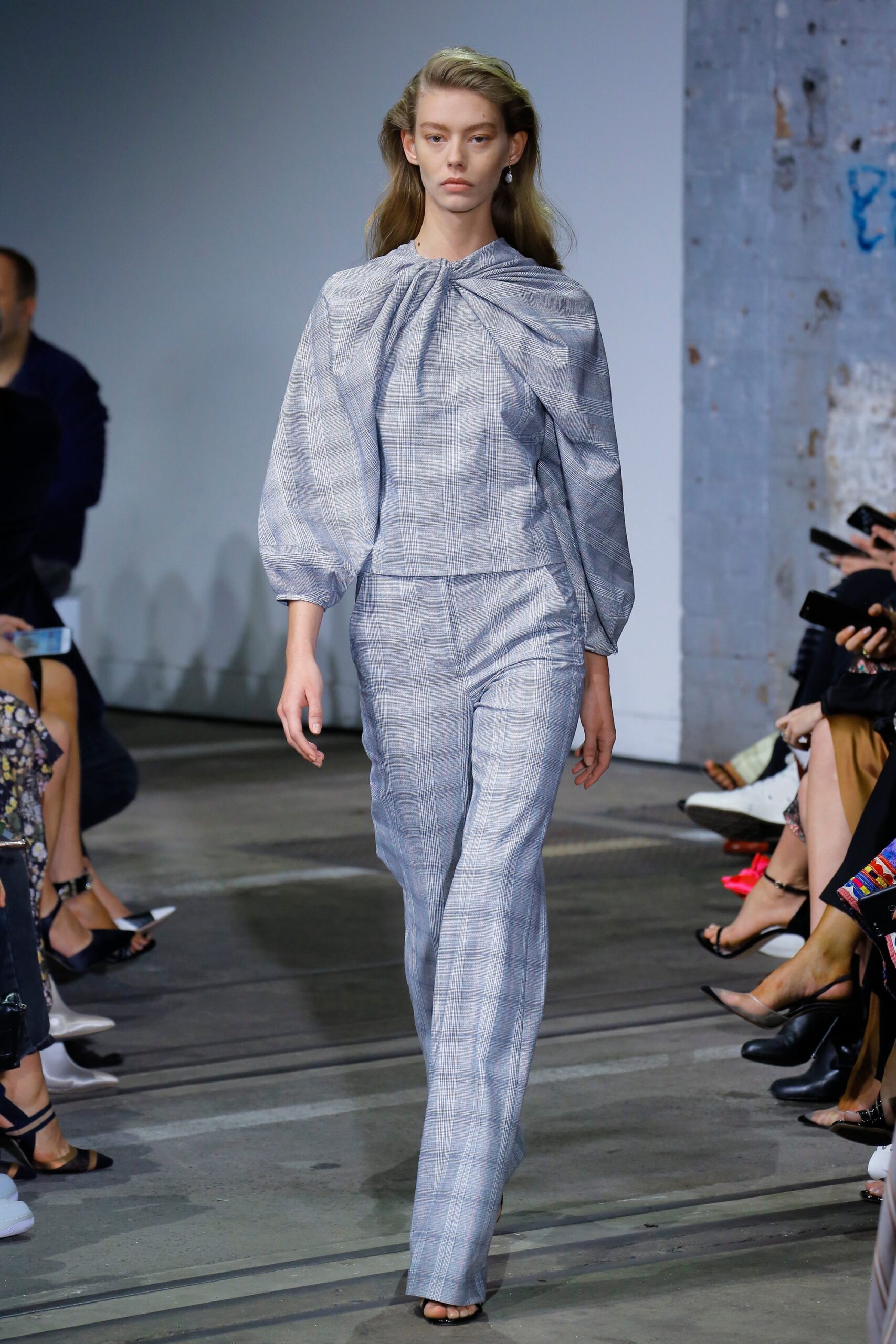 gray unknown long-sleeve high-neck structured checked draped blouse