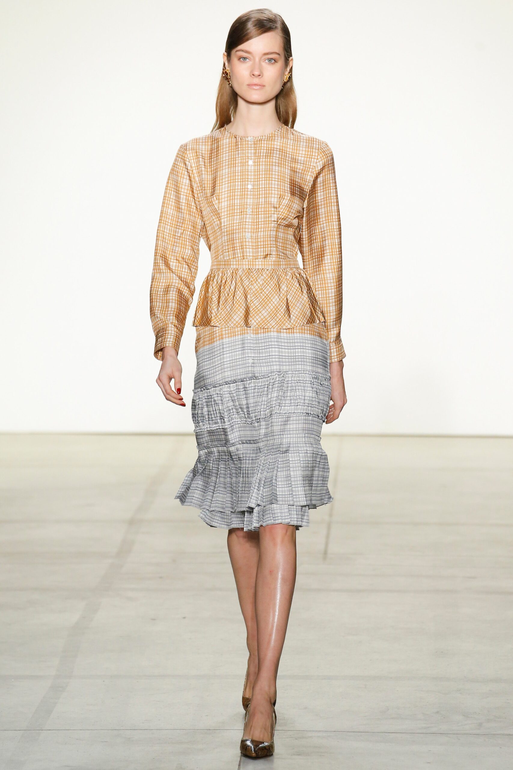 multi unknown long-sleeve high-neck checked ruffled flowing dress
