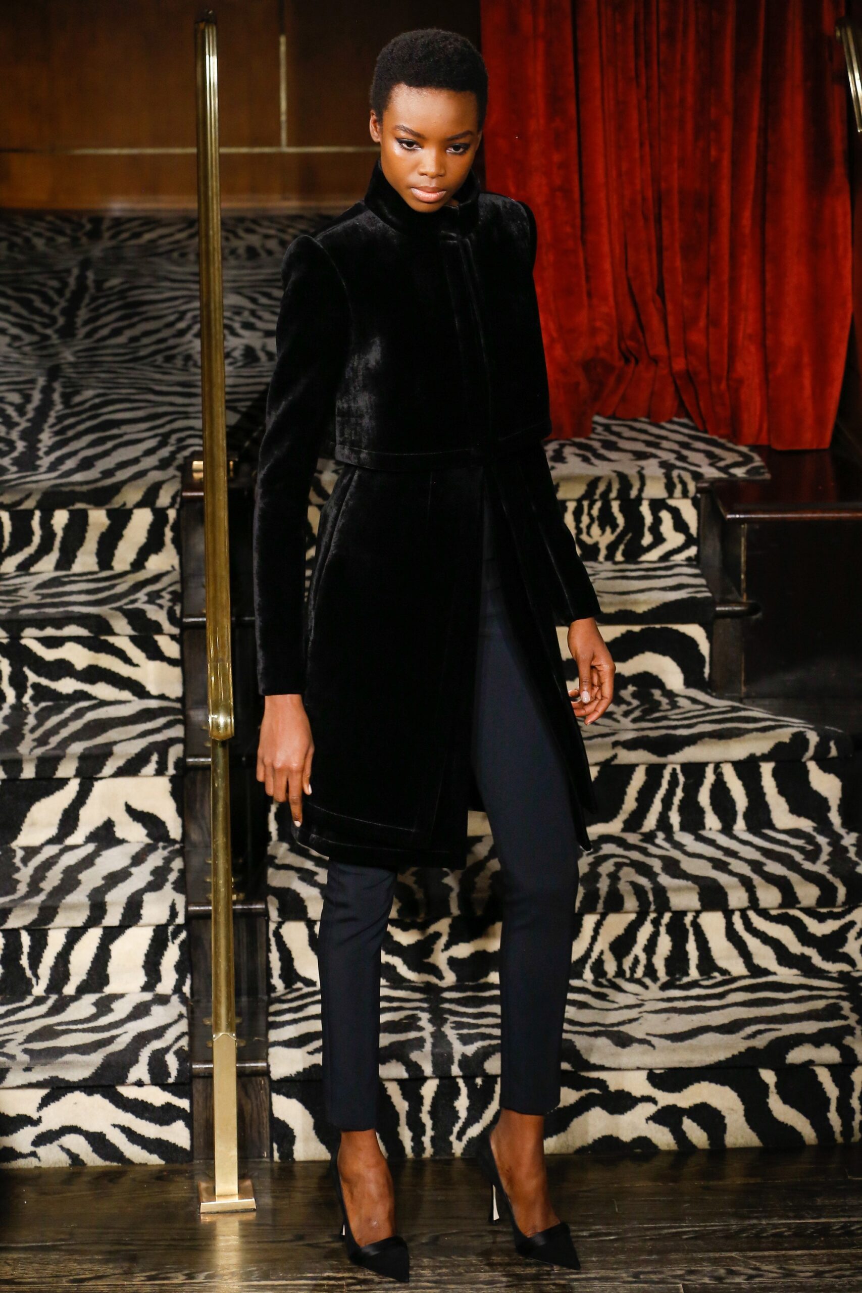 black velvet long-sleeve high-neck tailored textured midi coat