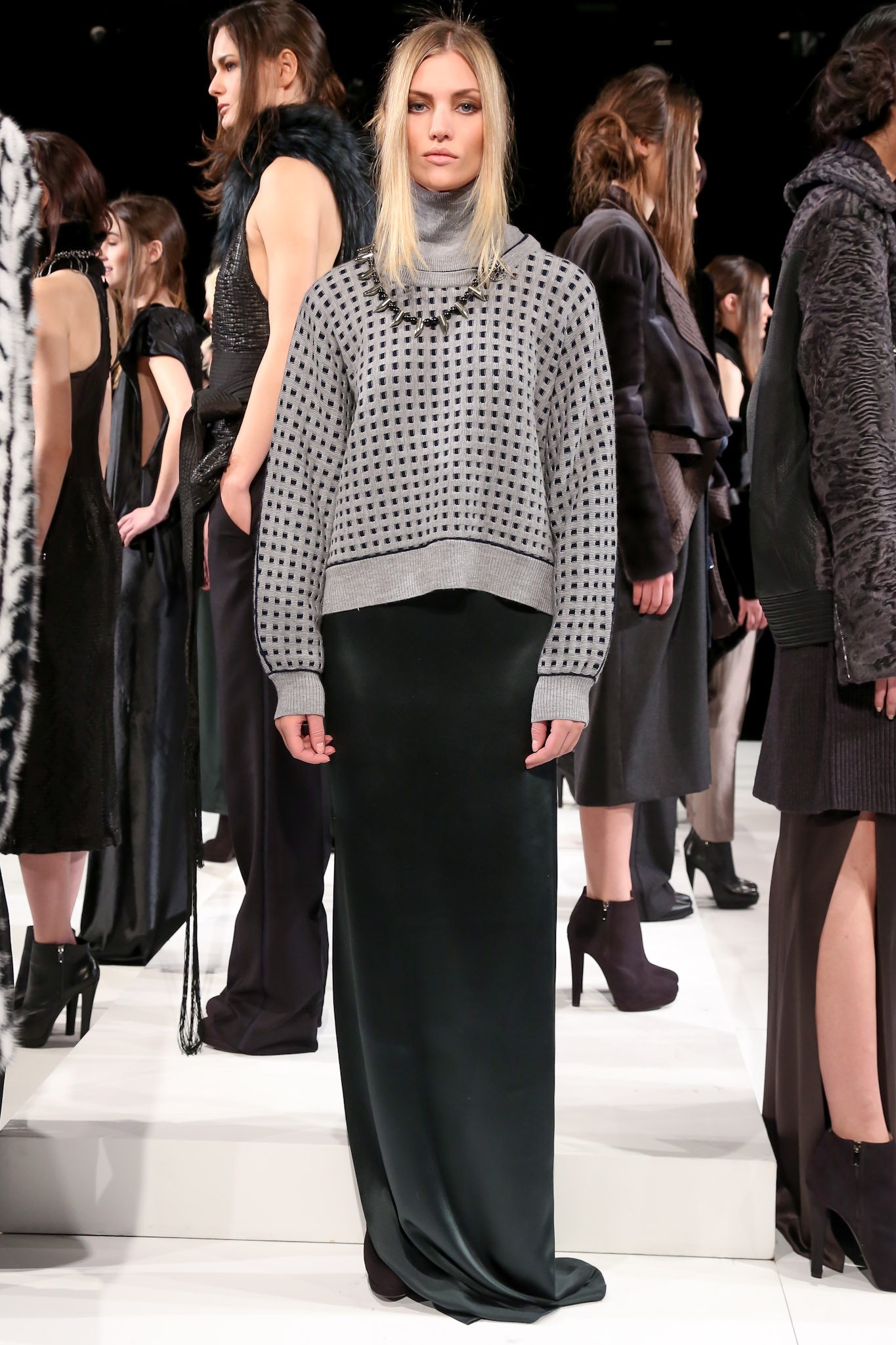 gray checked turtleneck sweater