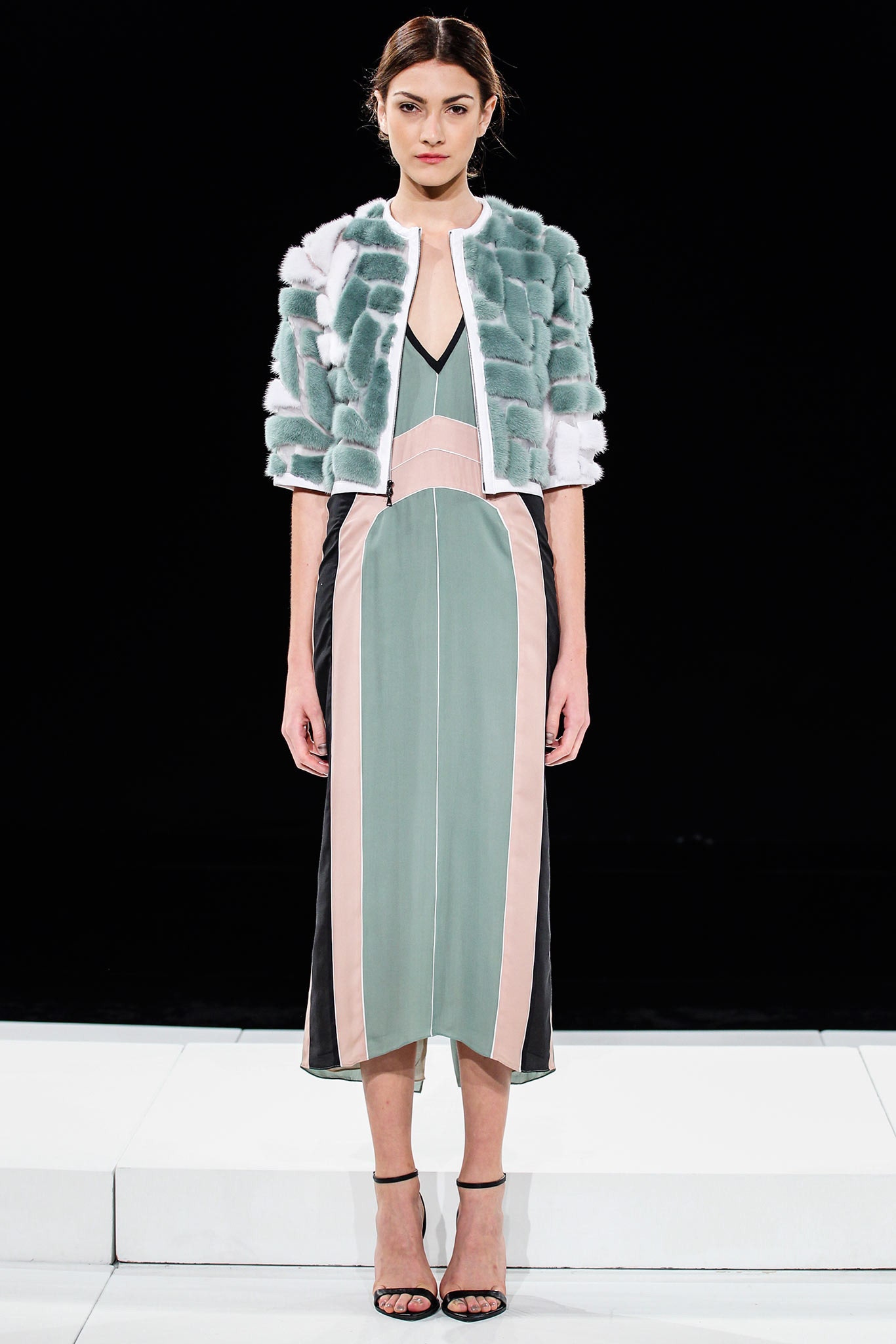green silk v-neck sleeveless color-blocked flowing midi midi-dress
