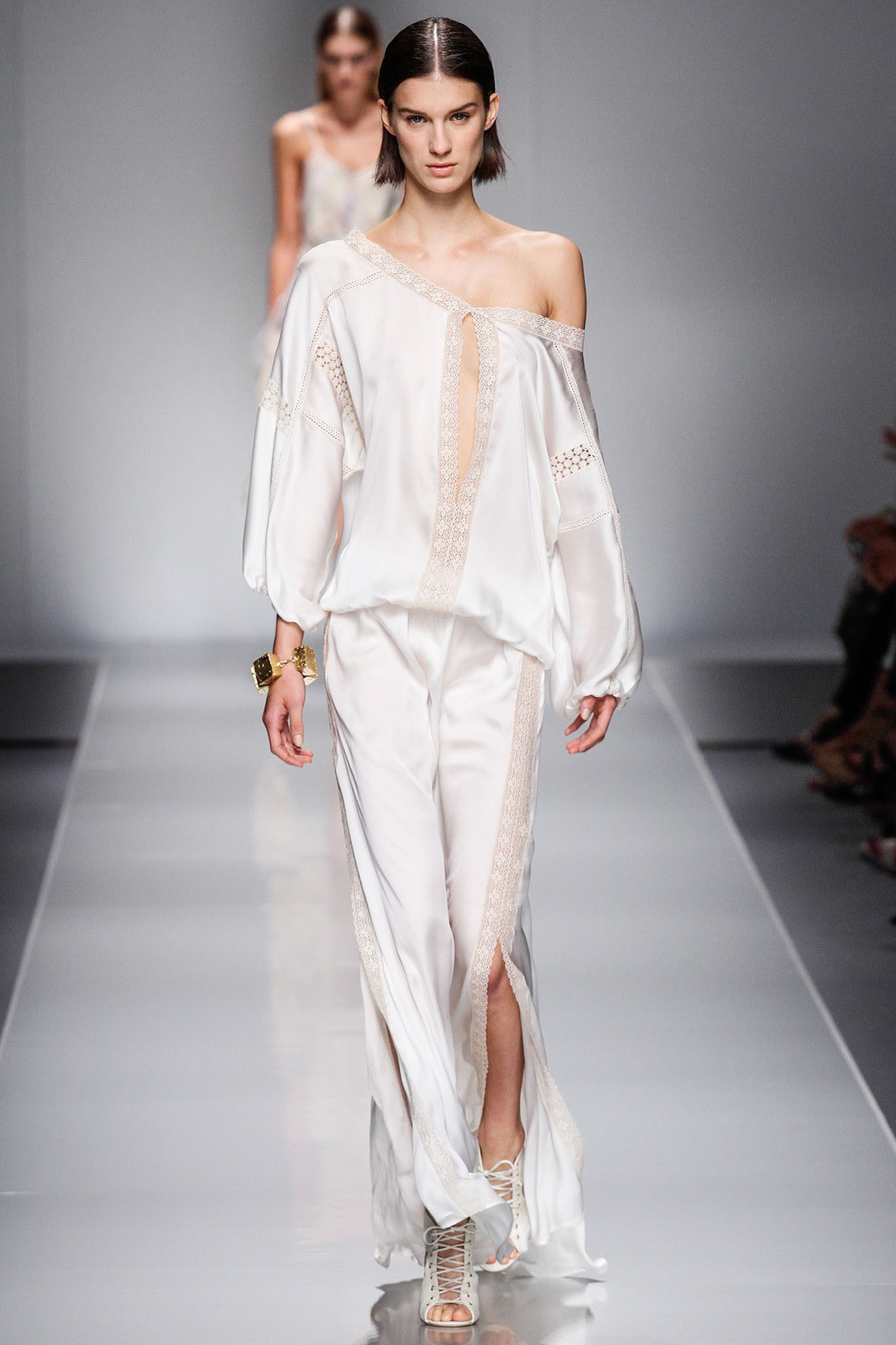 white silk long-sleeve off-shoulder embroidered flowing maxi jumpsuit