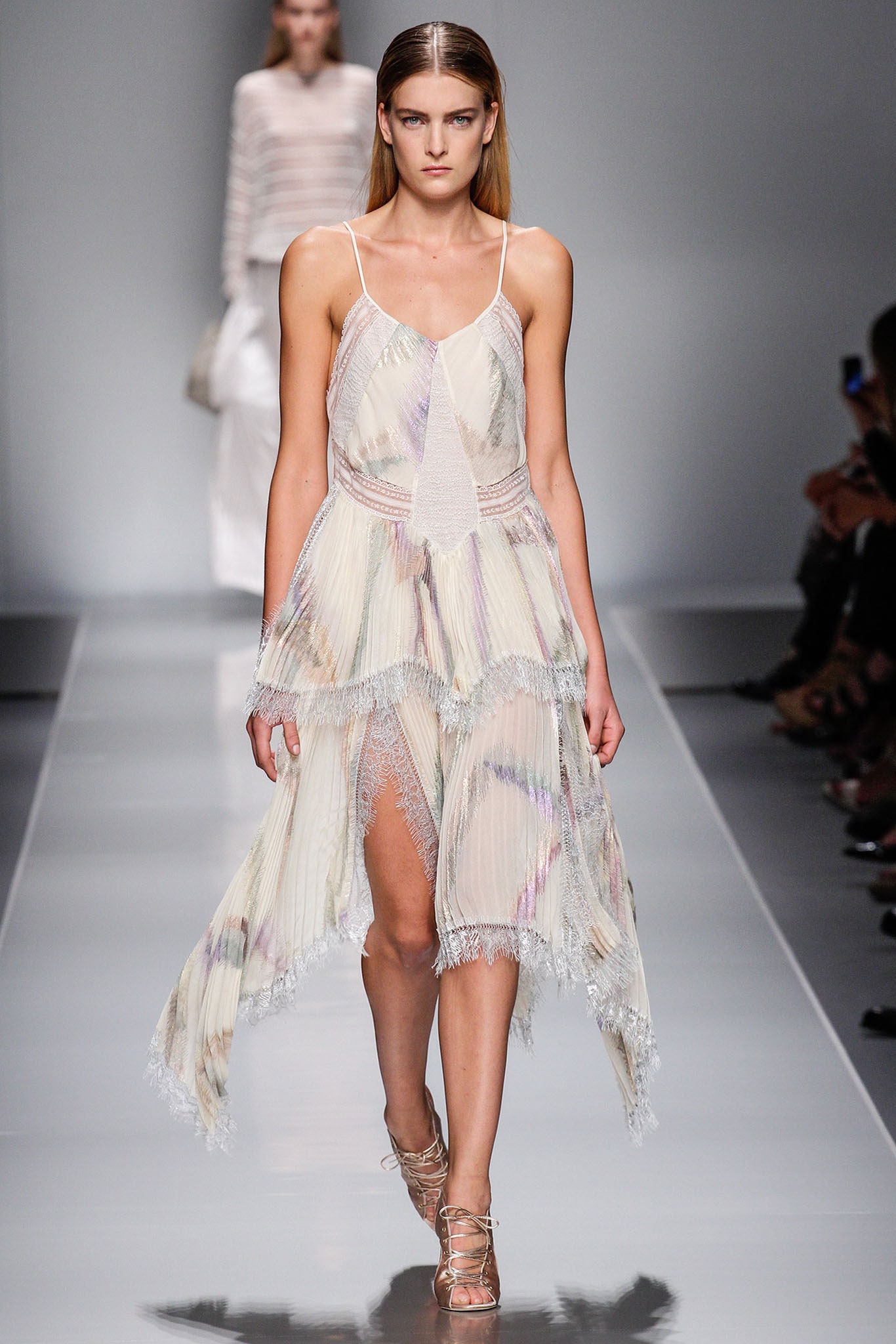 ivory chiffon spaghetti-strap v-neck pleated ruffled dress