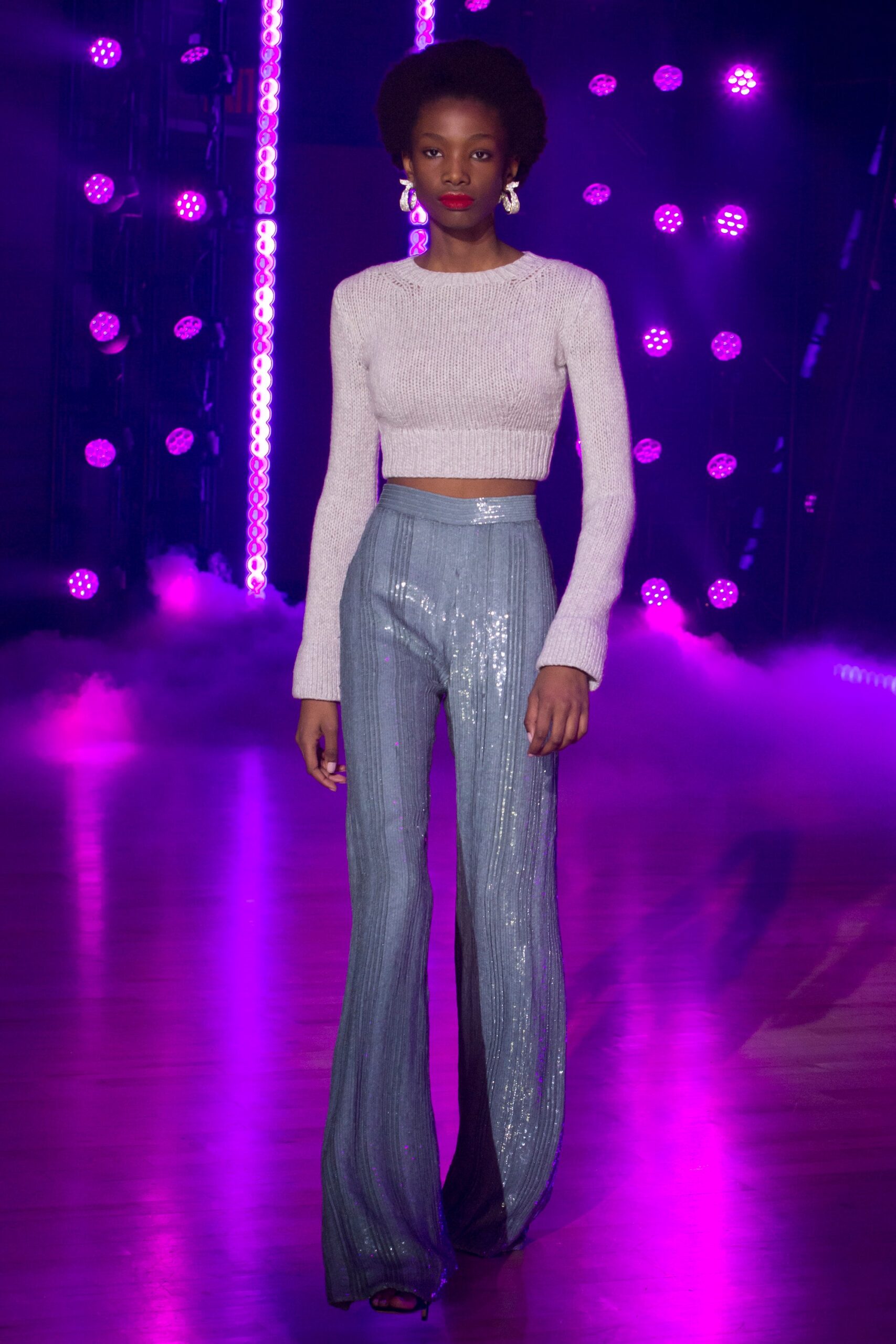 blue knit high-waisted wide-leg ribbed shiny textured pants