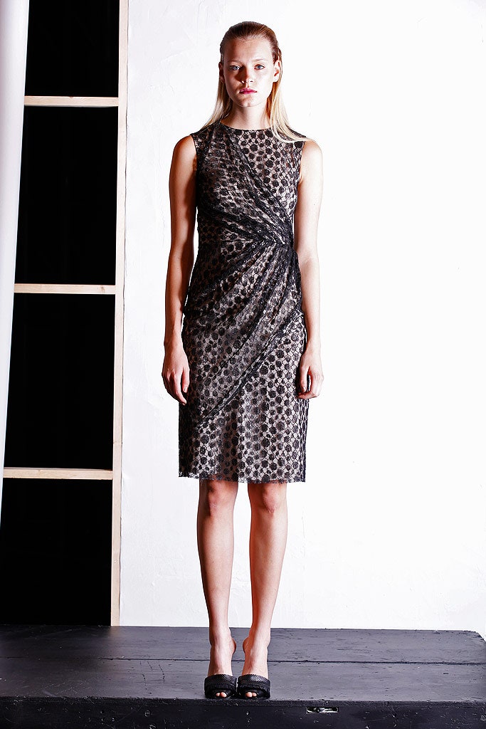 black mesh sleeveless high-neck fitted printed draped midi-dress