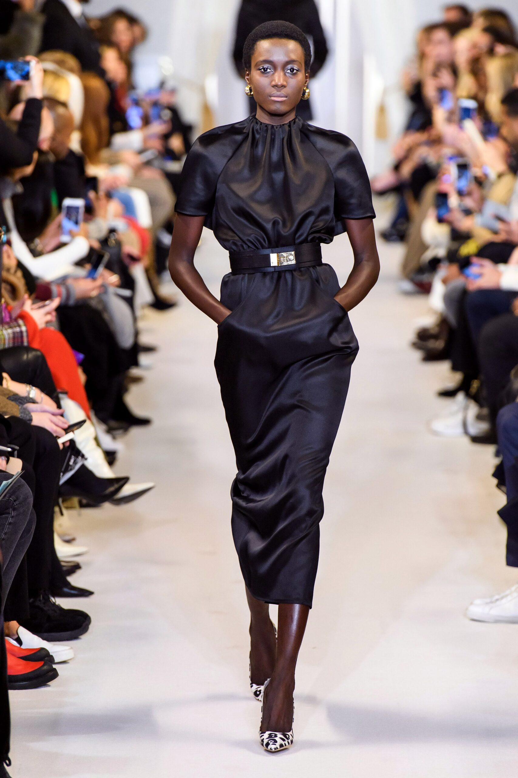 black satin short-sleeve high-neck draped belted midi-dress