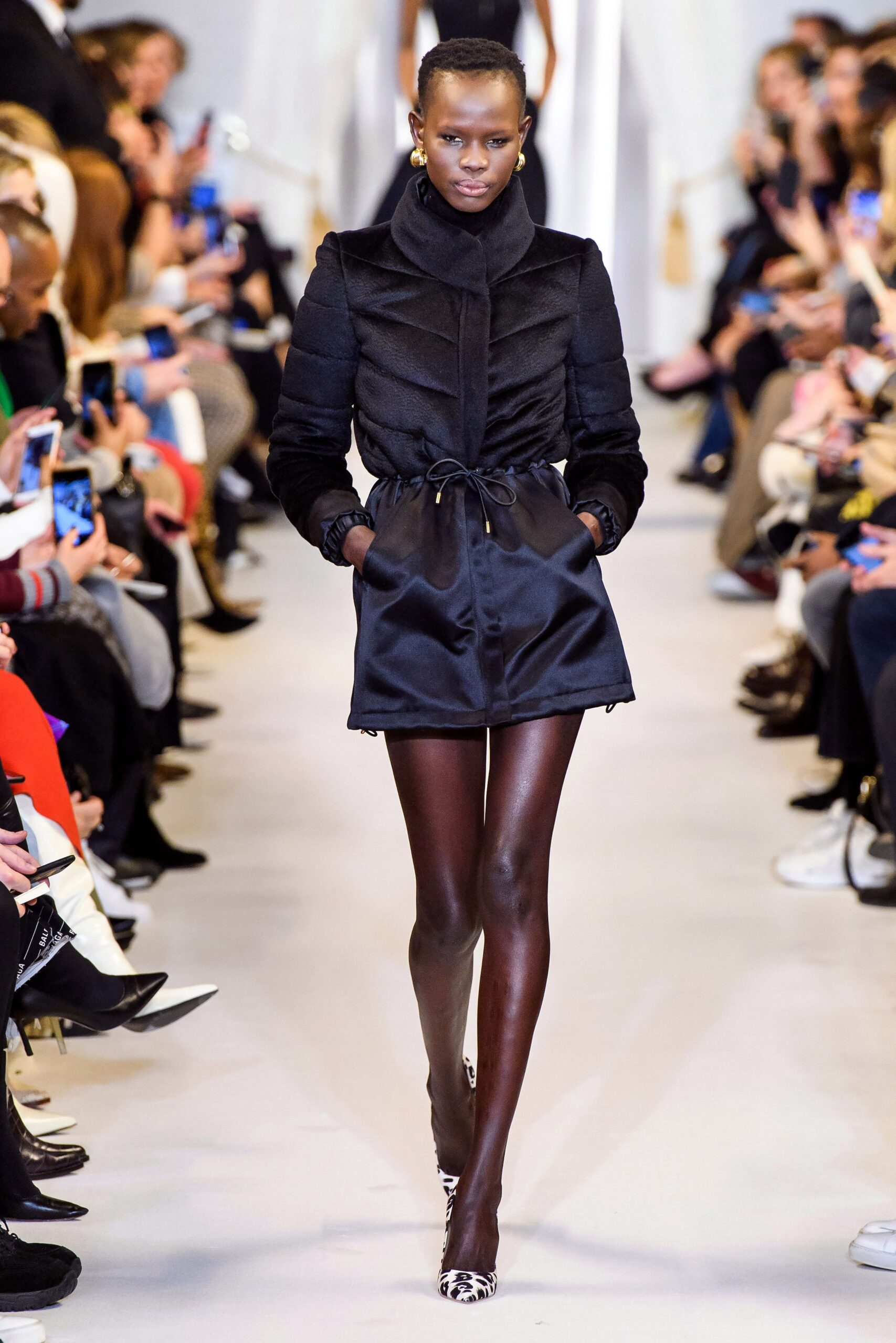 black satin long-sleeve high-neck structured belted pockets mini-dress