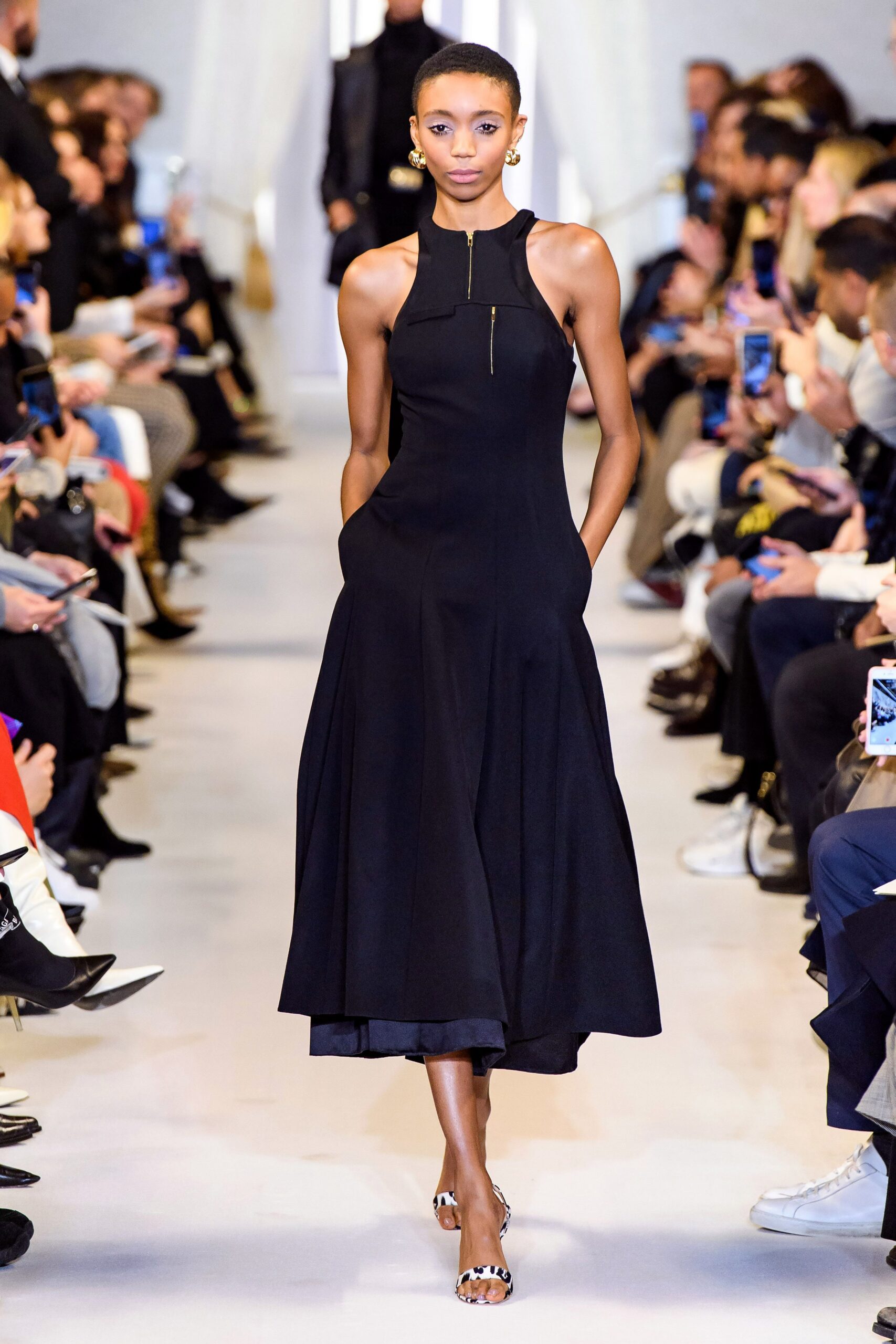 black unknown sleeveless high-neck fitted flared zippered midi-dress