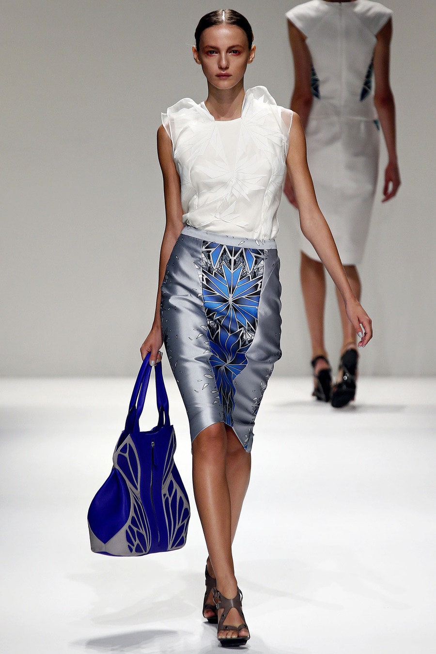 white organza sleeveless high-neck ruffled embellished top