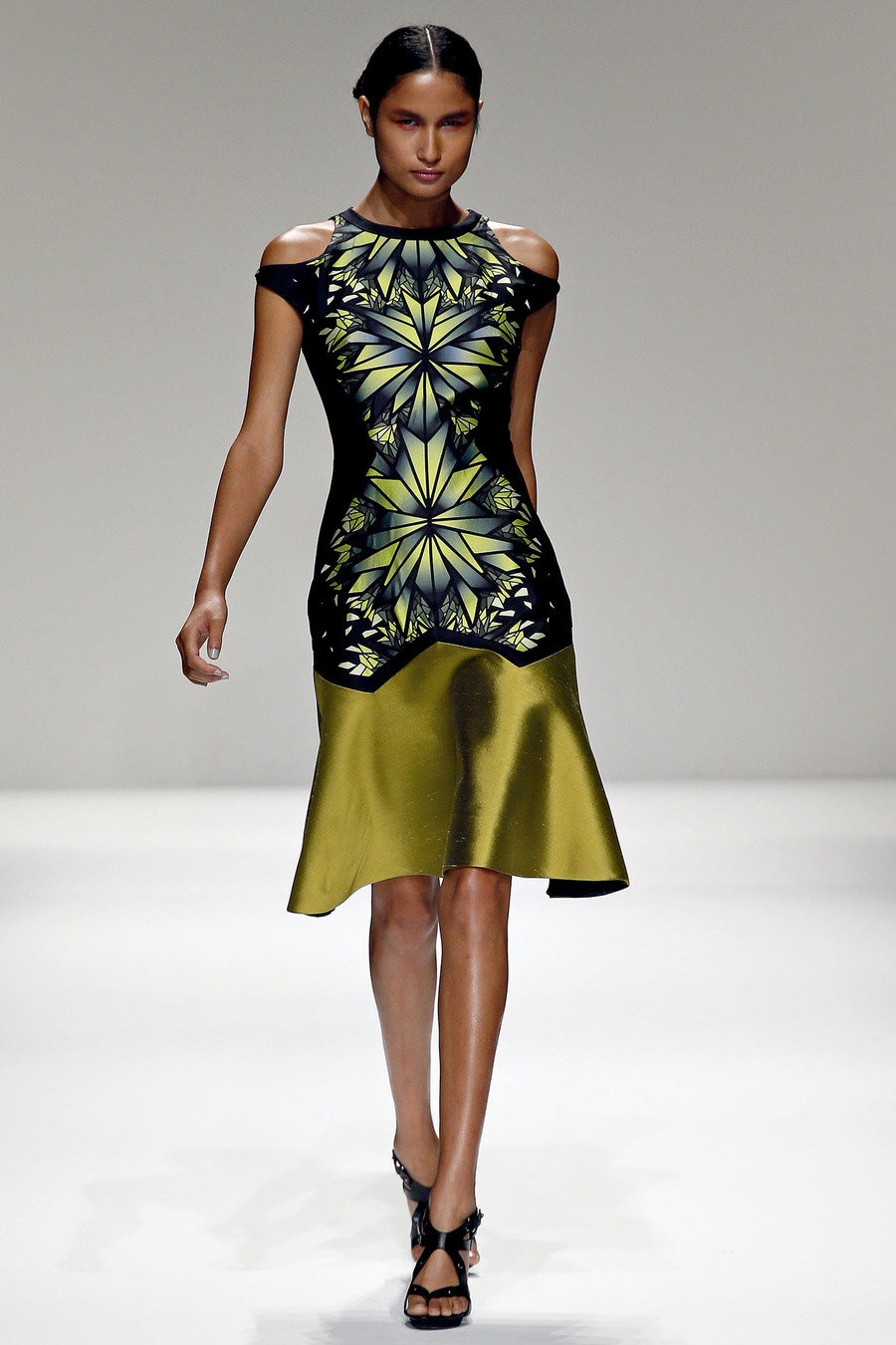 green satin short-sleeve high-neck fitted printed flared midi-dress