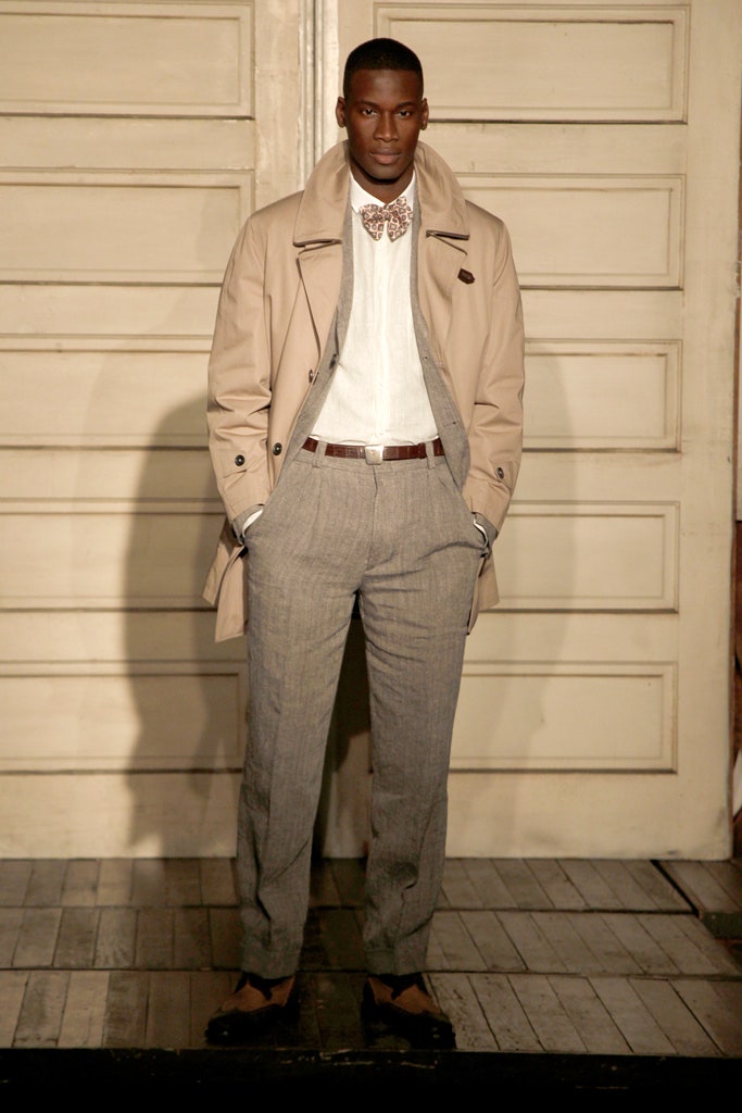beige trench over gray tailoring