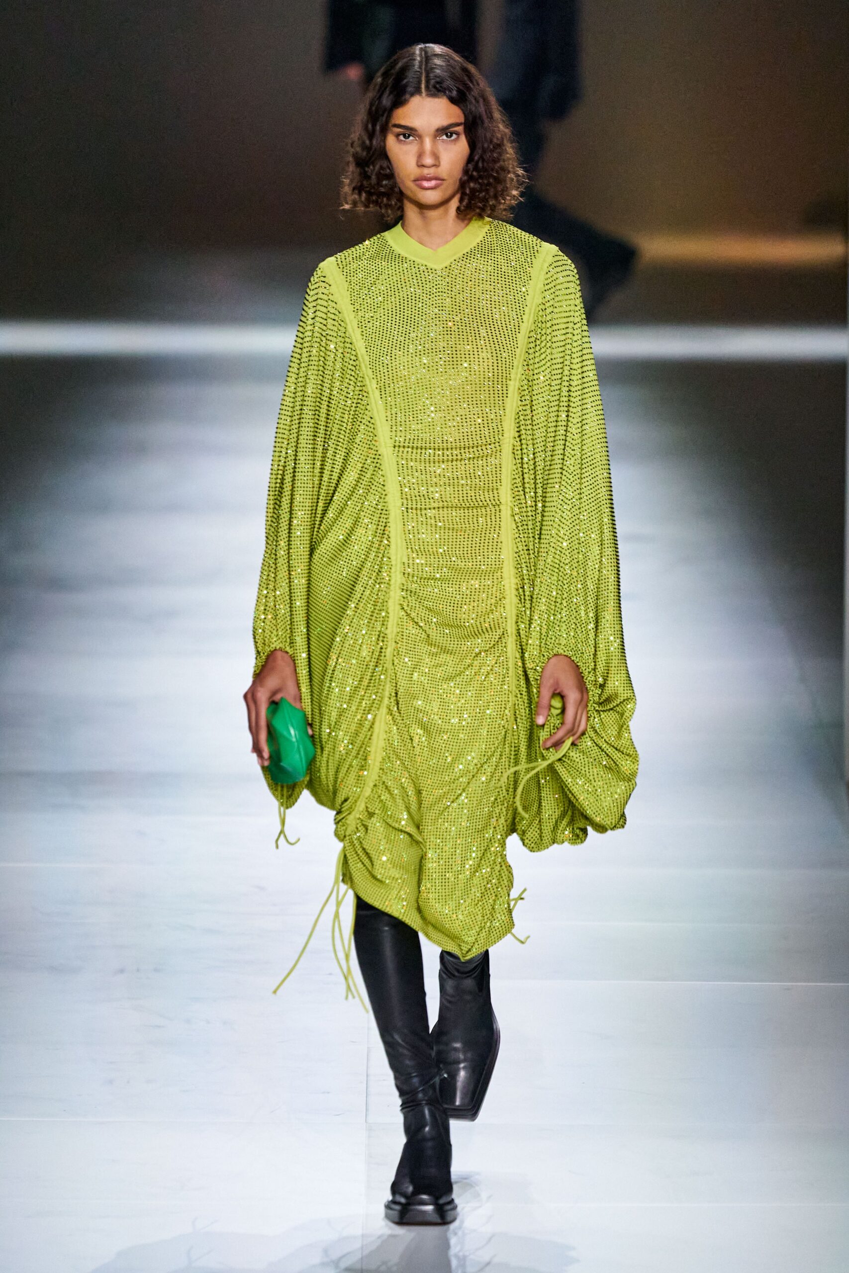 green sequin long-sleeve high-neck relaxed ruched draped dress