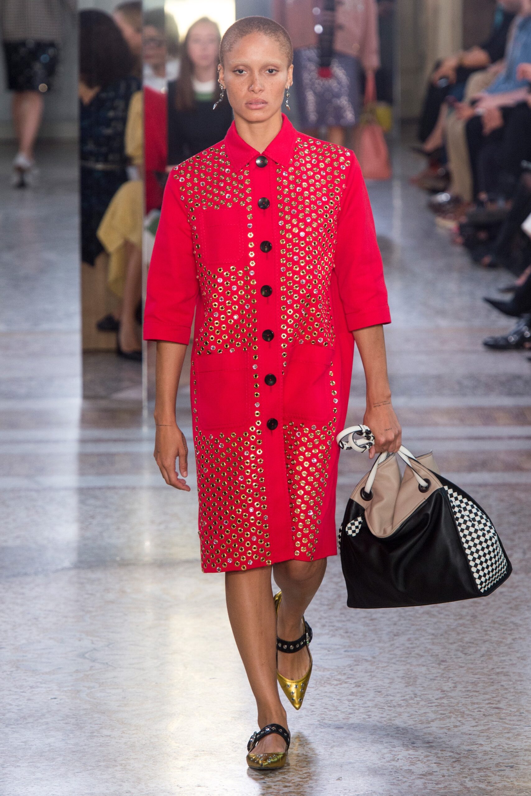 red unknown collared short-sleeve buttoned embellished midi shirt-dress
