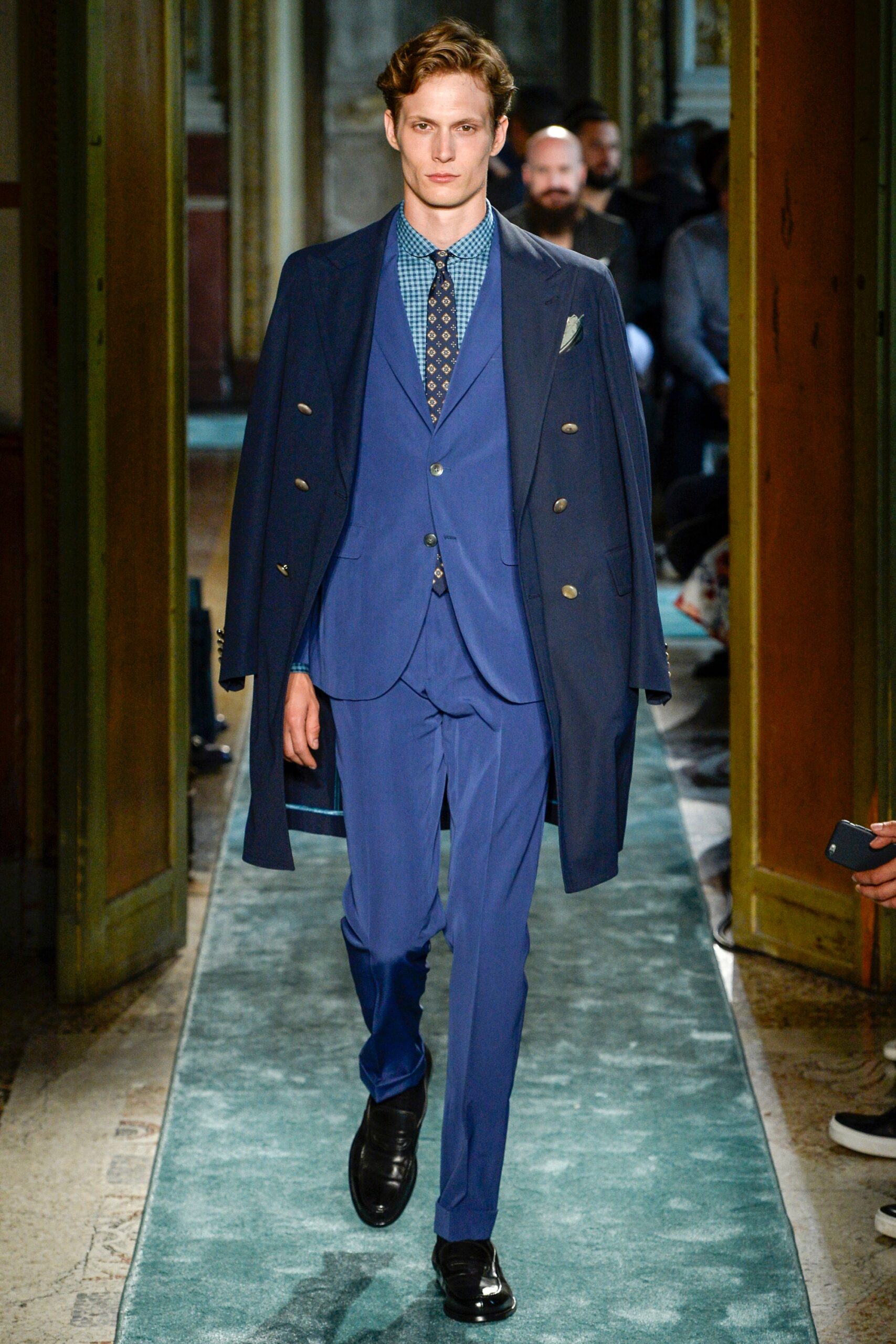 blue double-breasted overcoat